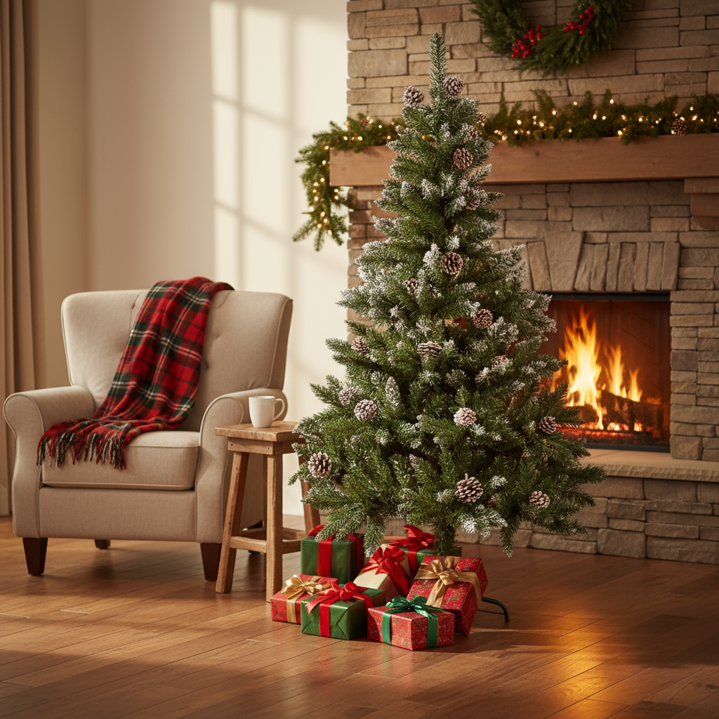 6 Feet - Frosted Christmas Tree with Metal Stand & Pine Cones (180cm) 1pc Box + (Ornaments Combo)