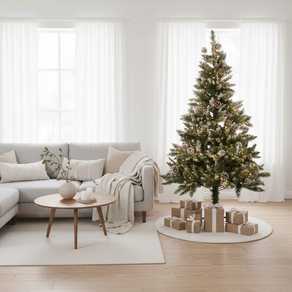 7 Feet - Frosted Christmas Tree with Metal Stand & Pine Cones (210cm) 1pc Box + (Ornaments Combo)