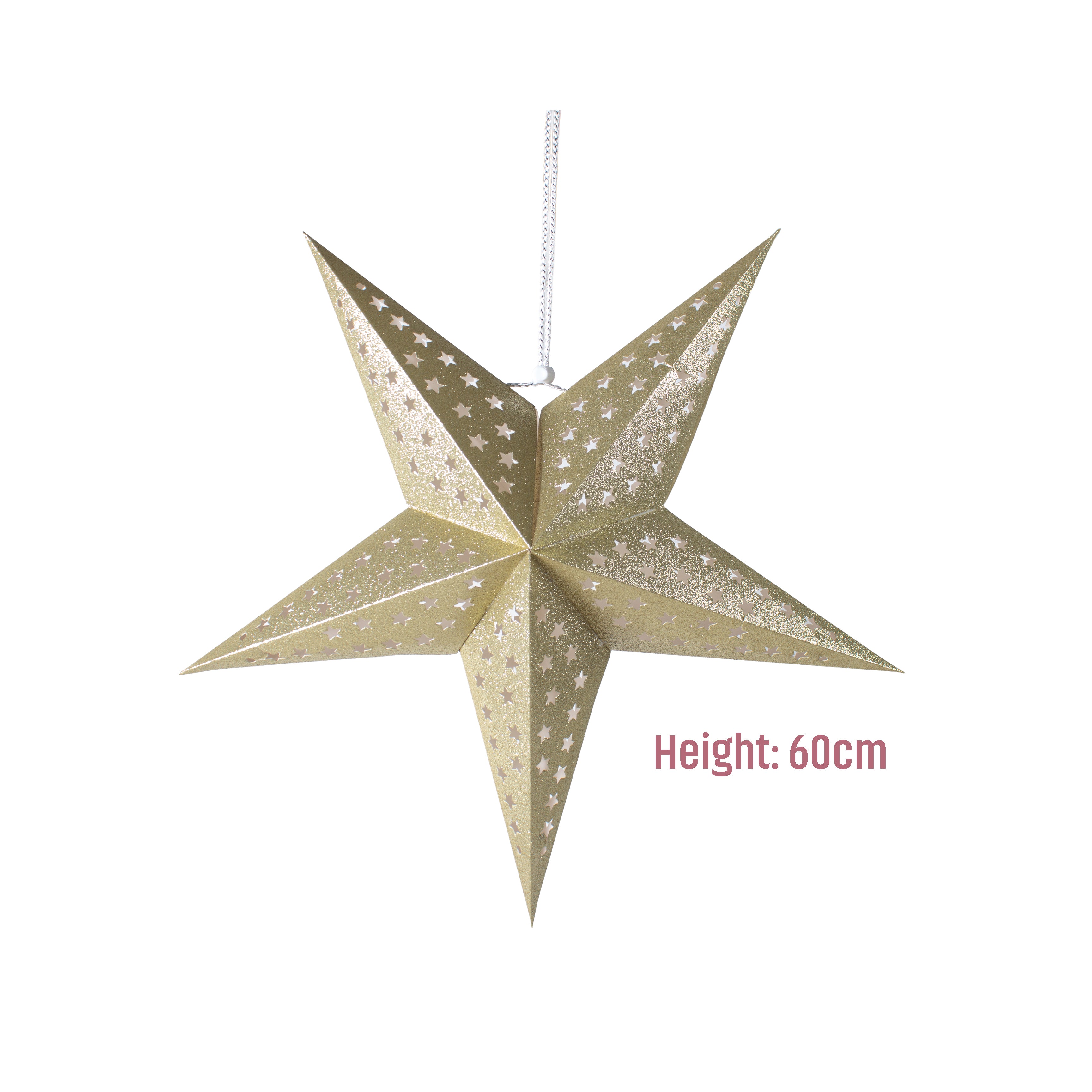 3D 5 Point Glitter Paper Star Hanging Ornament Star Shaped Holes 60cm 1pc
