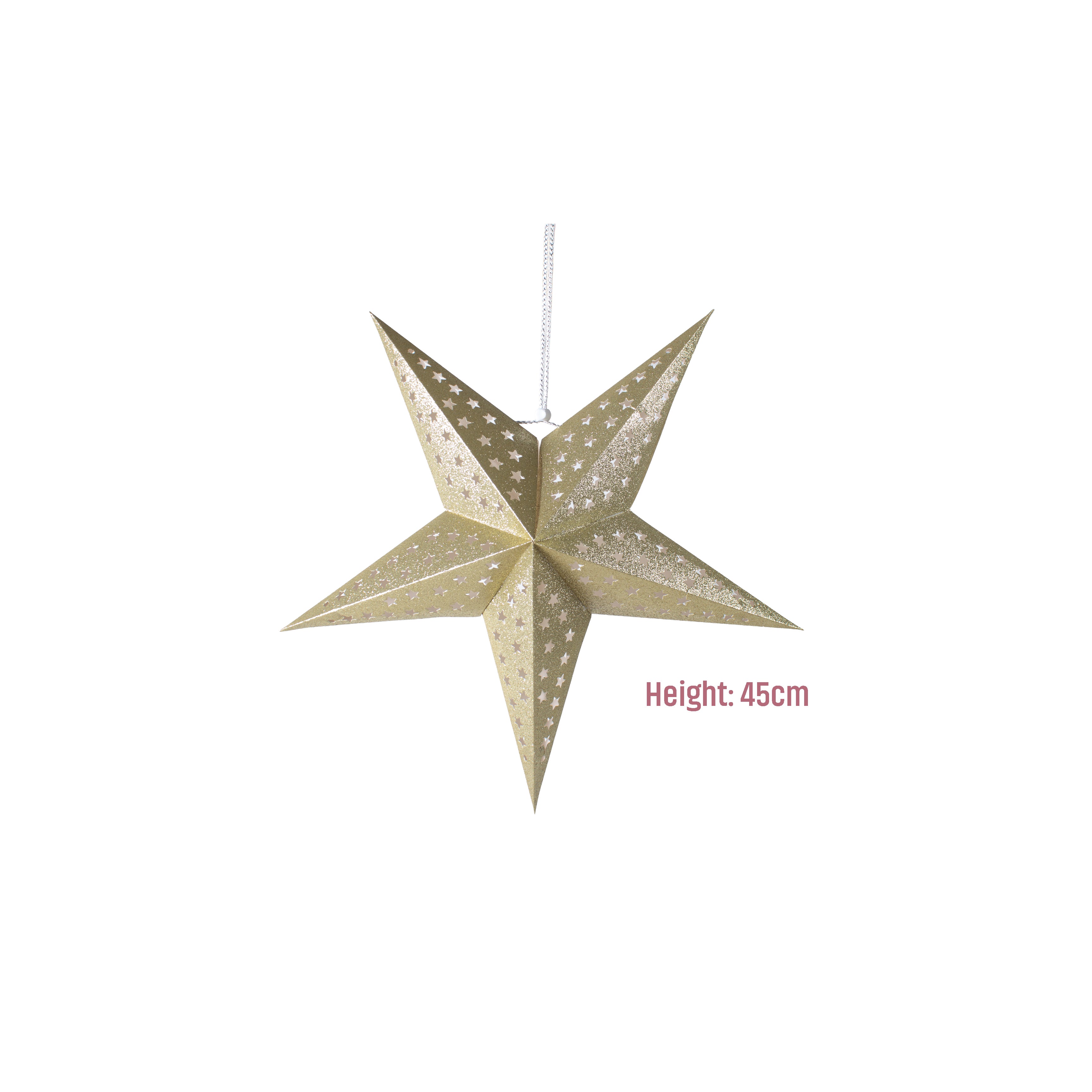 3D 5 Point Glitter Paper Star Hanging Ornament Star Shaped Holes 45cm 1pc