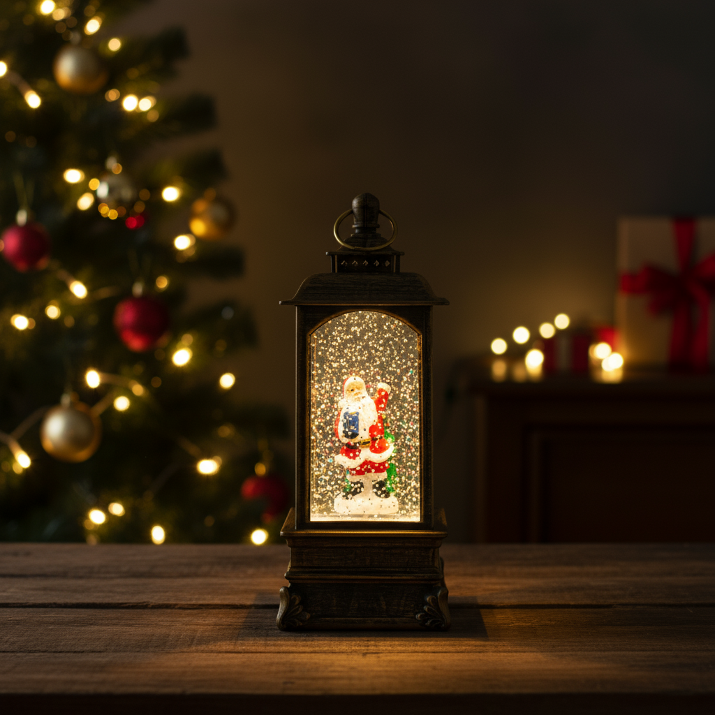 Christmas Light and Music Snow Lantern Santa with Gift USB and Battery Powered H9inch X 3inch 1pc Box