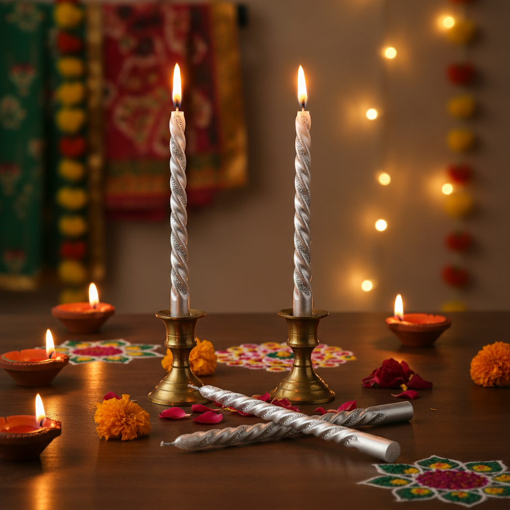 Silver Spiral Candle & Metal Candlestick Holder (Small) Combo