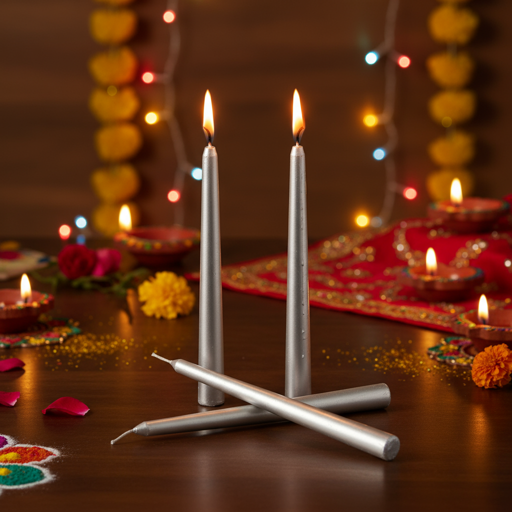 Metallic Round Candle Silver & Metal Candlestick Holder (Large) Combo