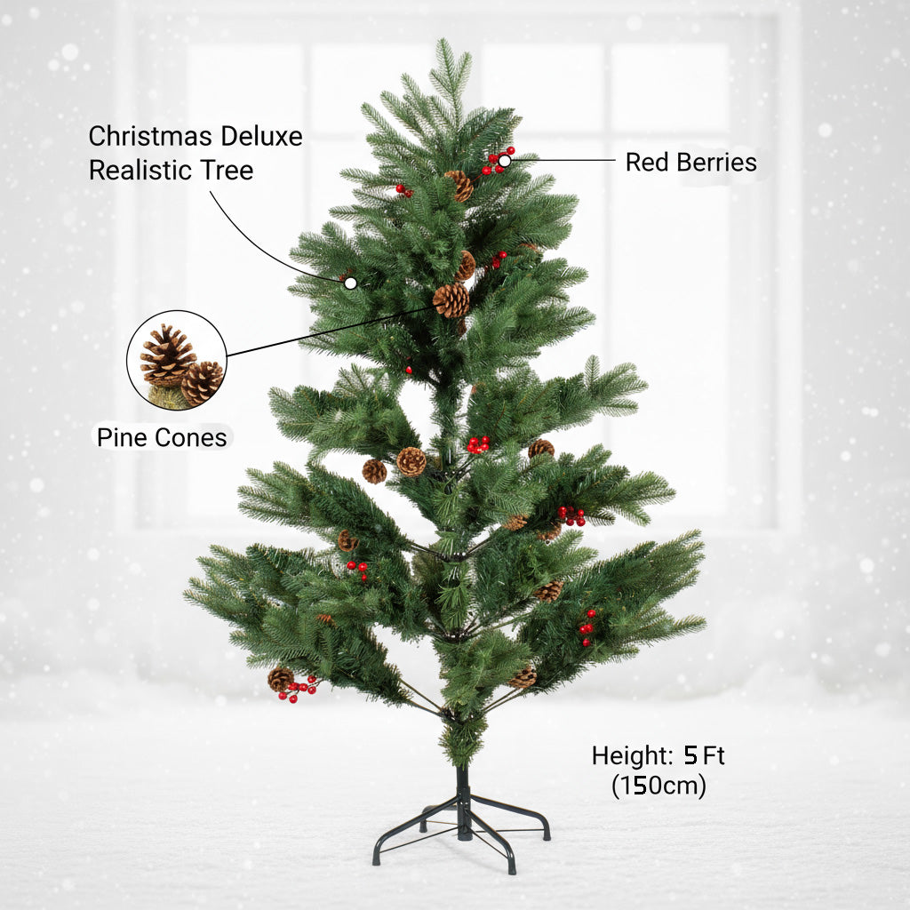 5 Feet - Christmas Deluxe Realistic Tree with Metal Stand Pine Cones & Red Berries (150cm) 1pc + (Ornaments Combo)