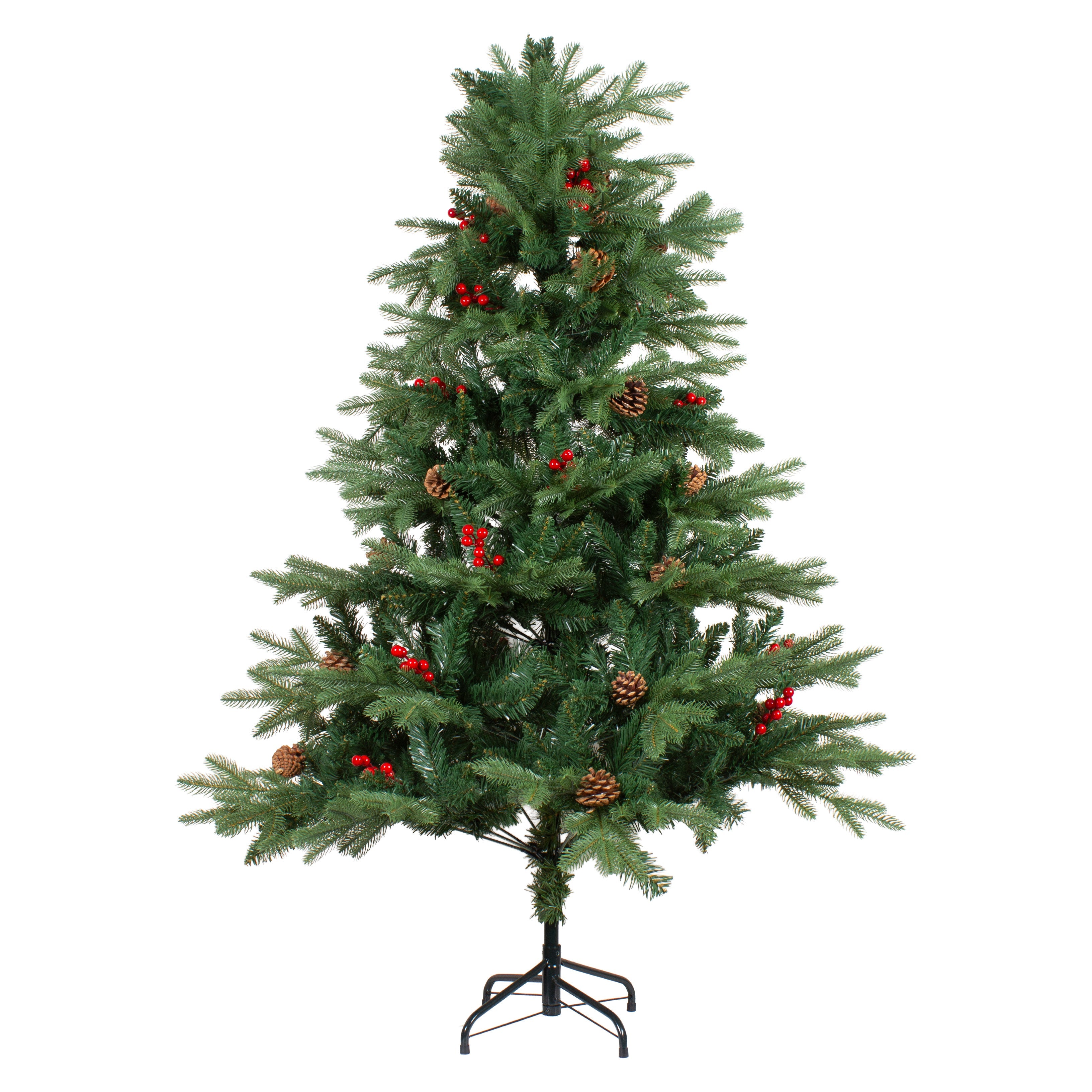 6 Feet - Christmas Deluxe Realistic Tree with Metal Stand Pine Cones & Red Berries (180cm) 1pc  (Ornaments Combo)