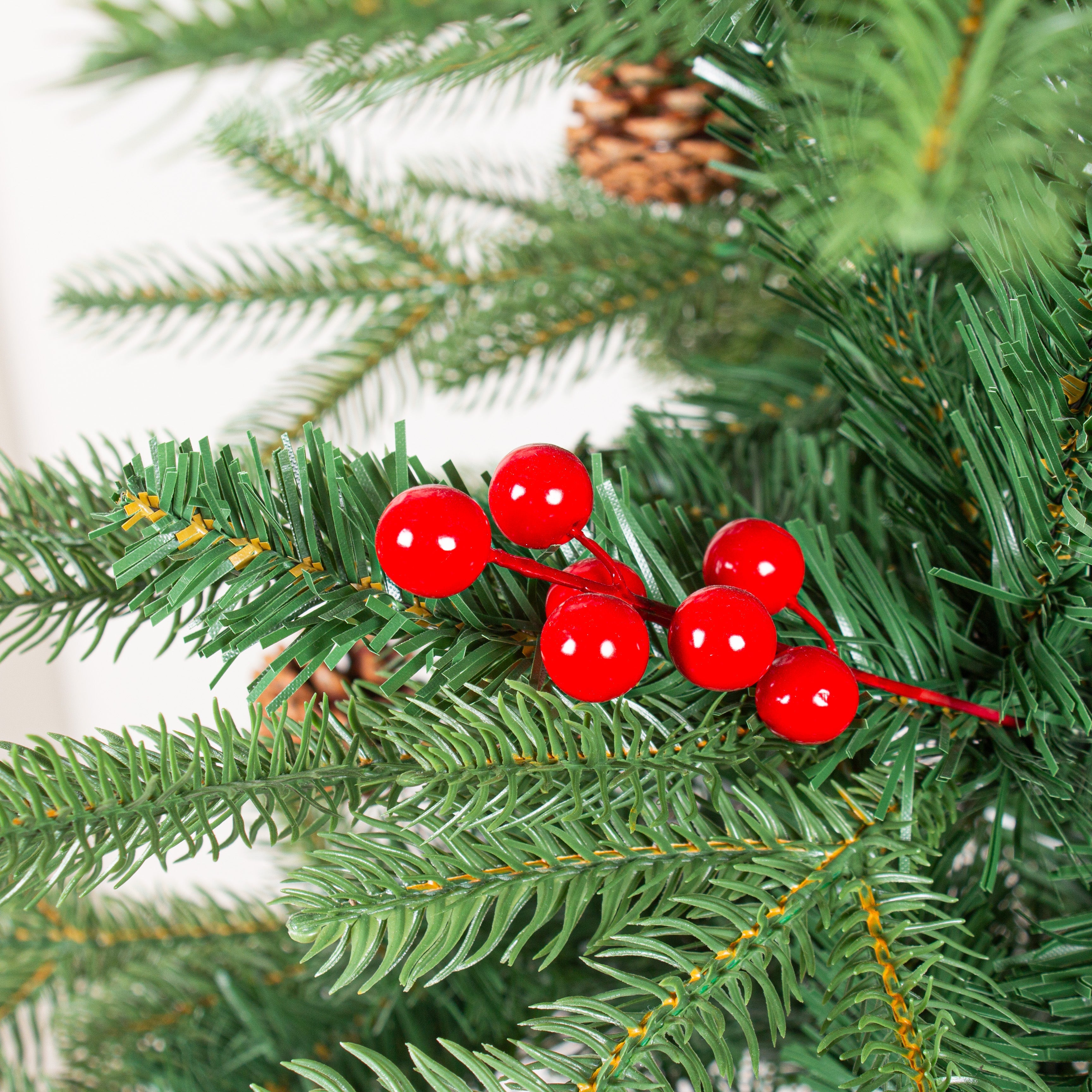 6 Feet - Christmas Deluxe Realistic Tree with Metal Stand Pine Cones & Red Berries (180cm) 1pc  (Ornaments Combo)