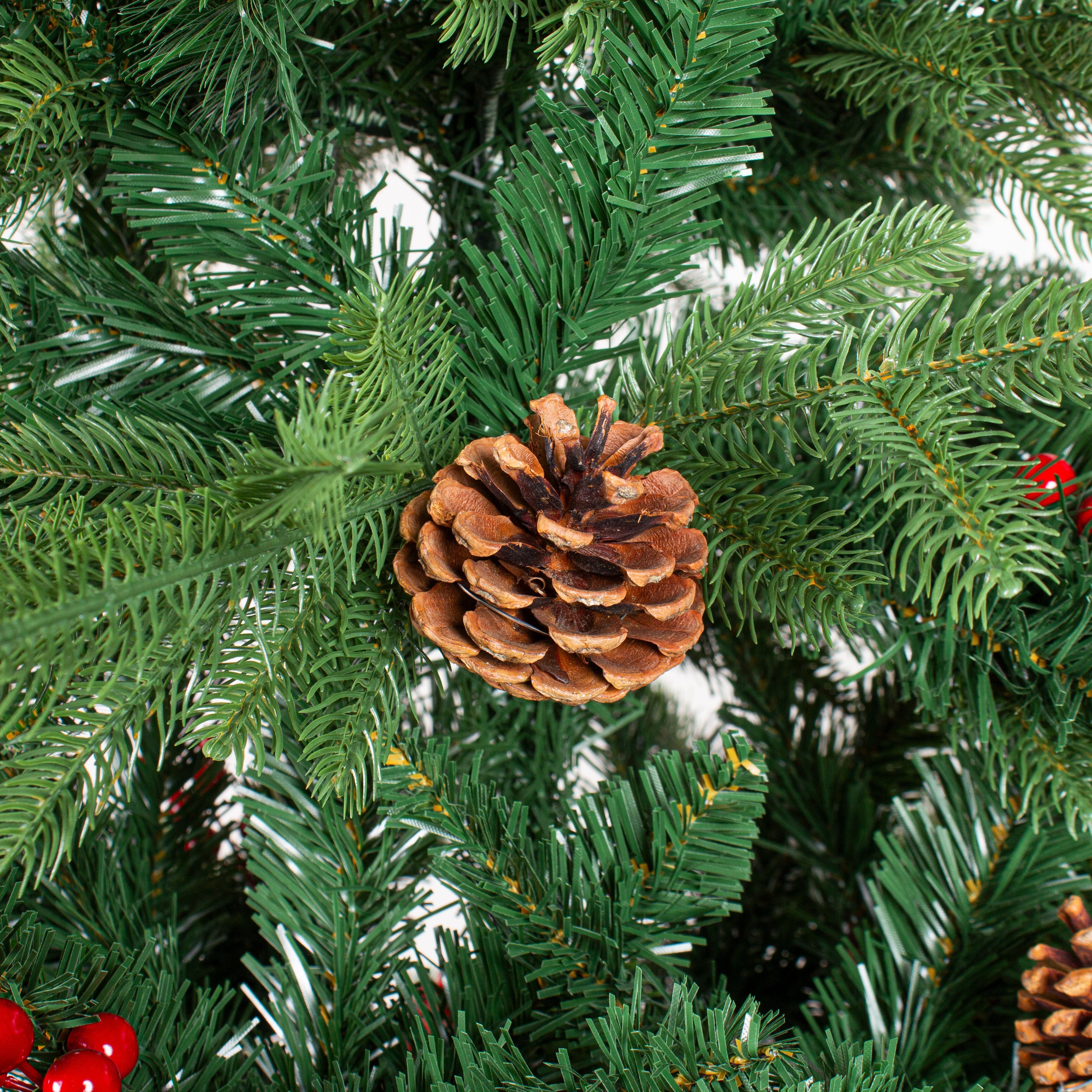6 Feet - Christmas Deluxe Realistic Tree with Metal Stand Pine Cones & Red Berries (180cm) 1pc  (Ornaments Combo)