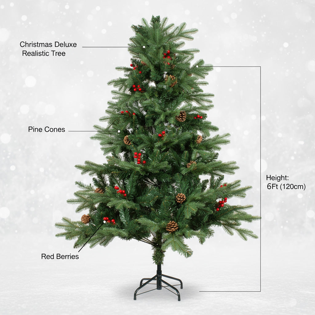 6 Feet - Christmas Deluxe Realistic Tree with Metal Stand Pine Cones & Red Berries (180cm) 1pc  (Ornaments Combo)