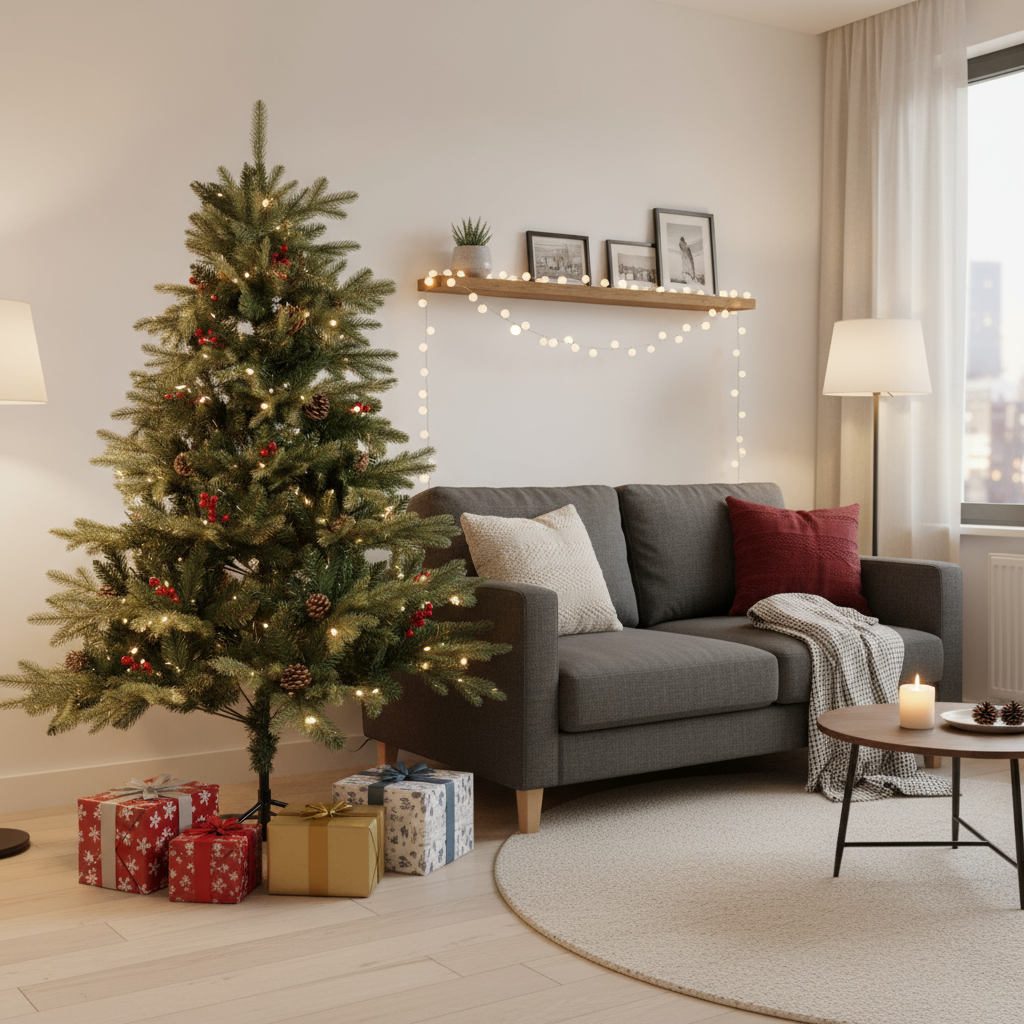 6 Feet - Christmas Deluxe Realistic Tree with Metal Stand Pine Cones & Red Berries (180cm) 1pc  (Ornaments Combo)