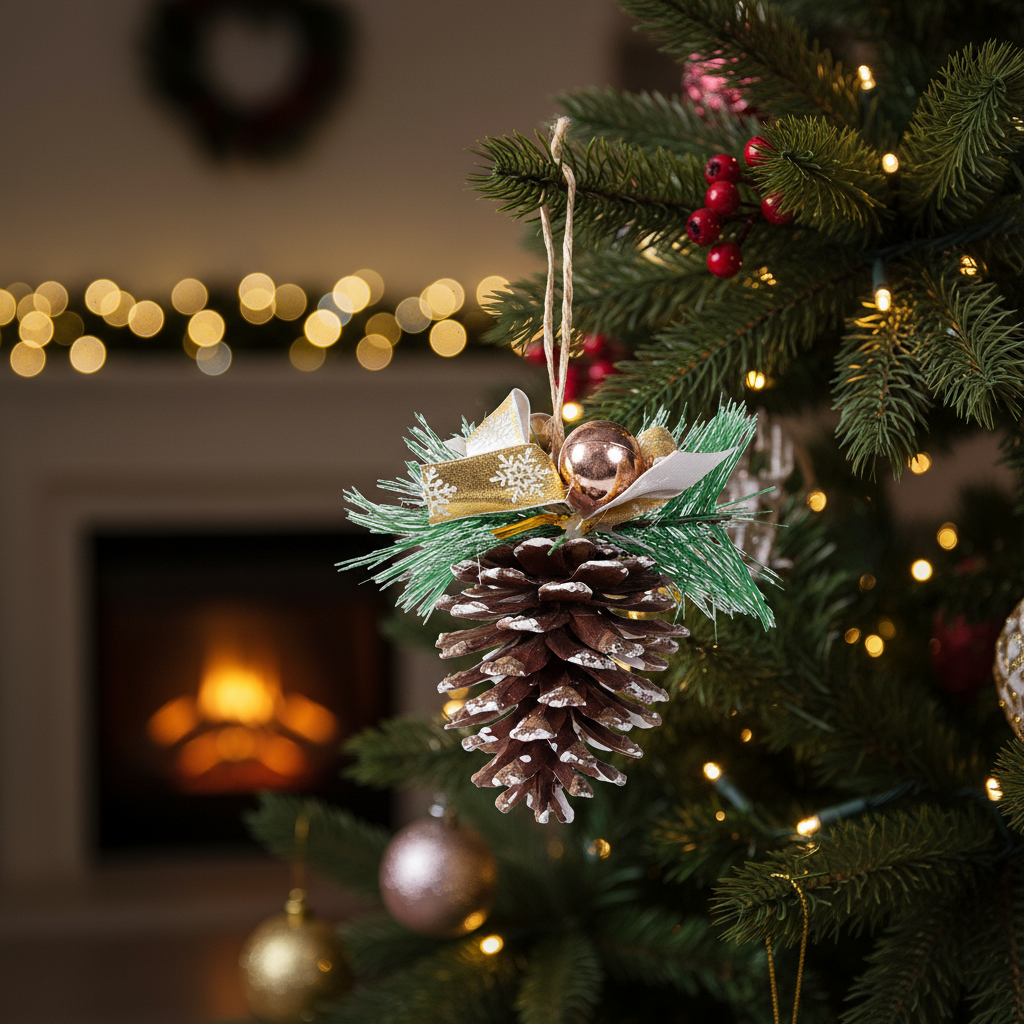 Christmas Decoration Snowy Pine Cone Hanging 10cm 1pc