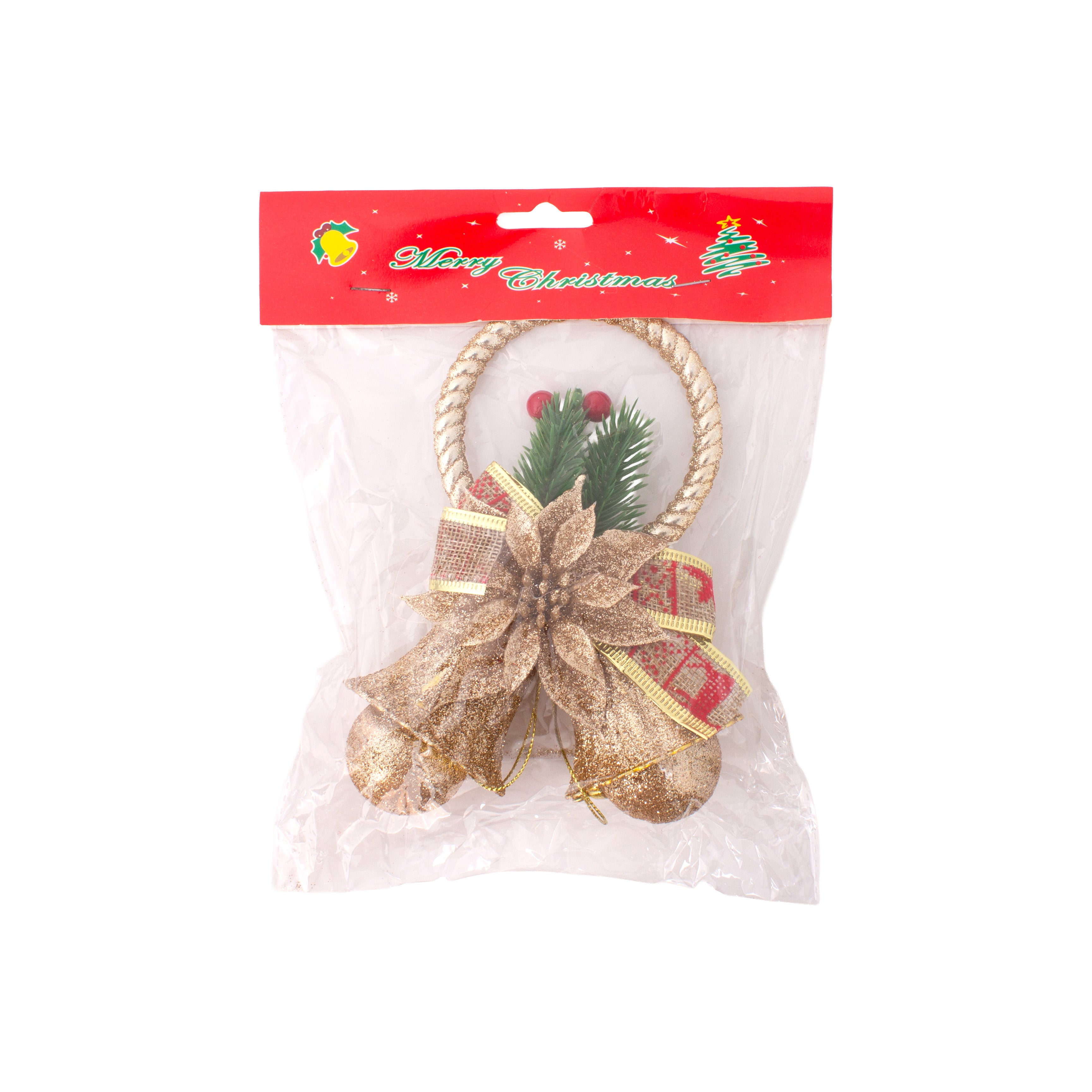 Christmas Decoration Wall Hanging Jingle Bell with Baubles Gold Glitter 22 X 12cm 1pc