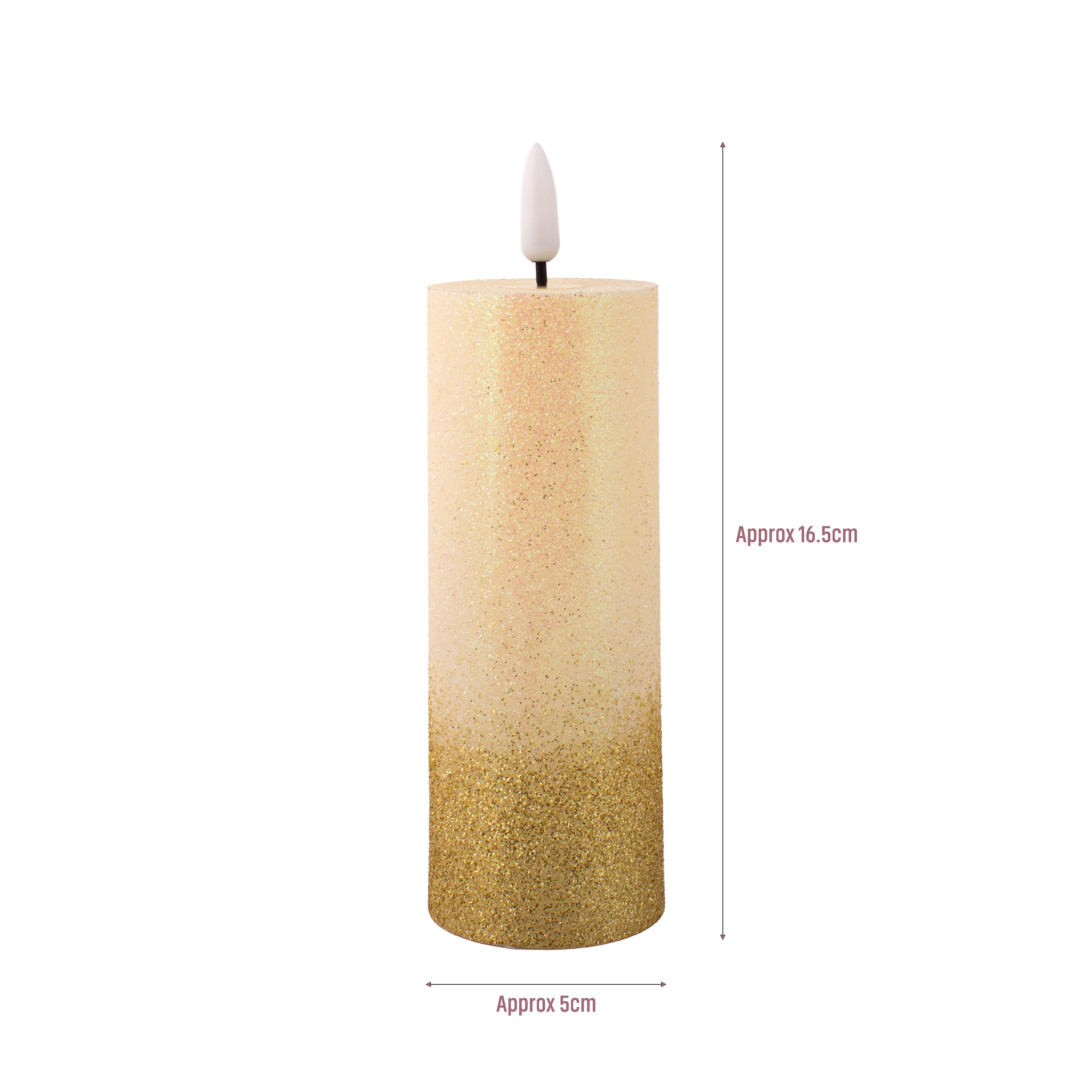 LED Pillar Candle Gold Glittered Warm Yellow Light 13.5cm 1pc