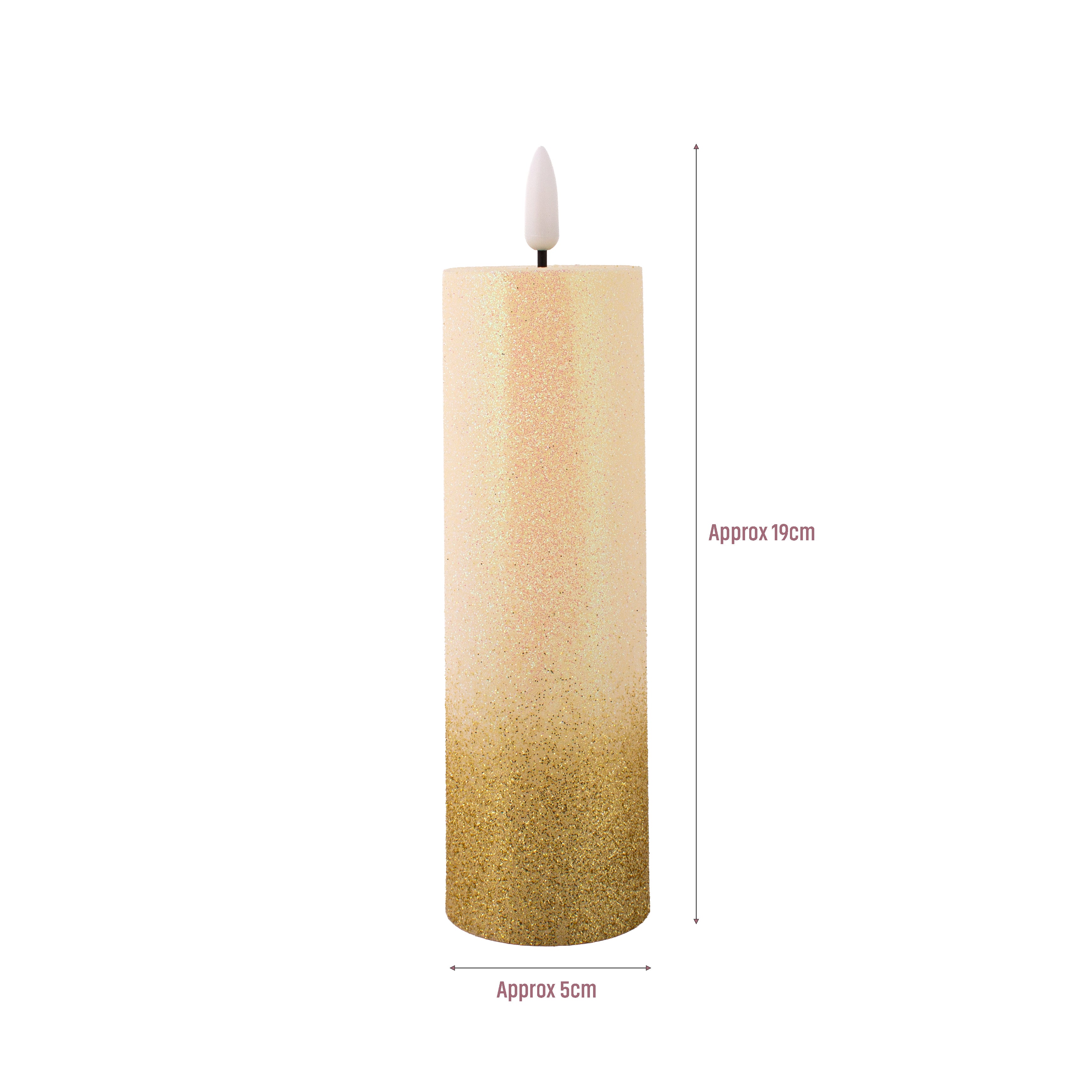 LED Pillar Candle Gold Glittered Warm Yellow Light 16cm 1pc