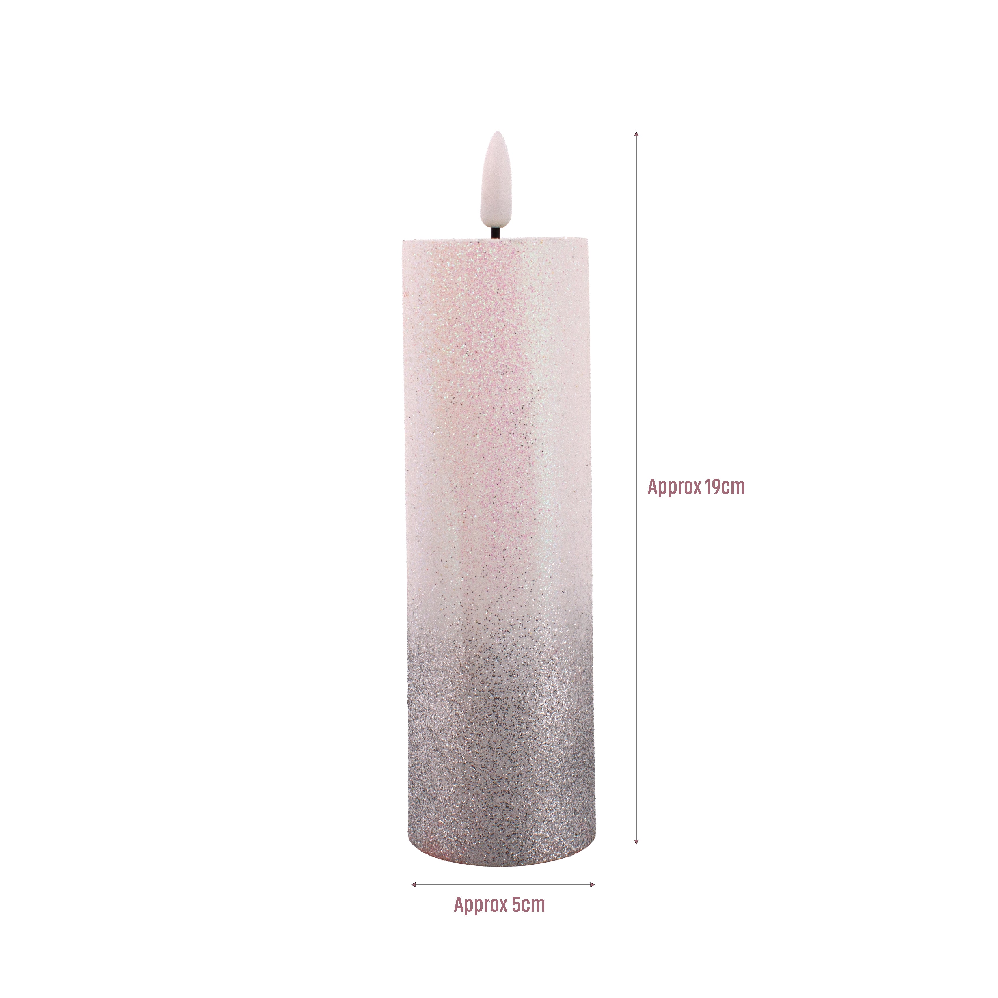 LED Pillar Candle Silver Glittered Warm Yellow Light 16cm 1pc