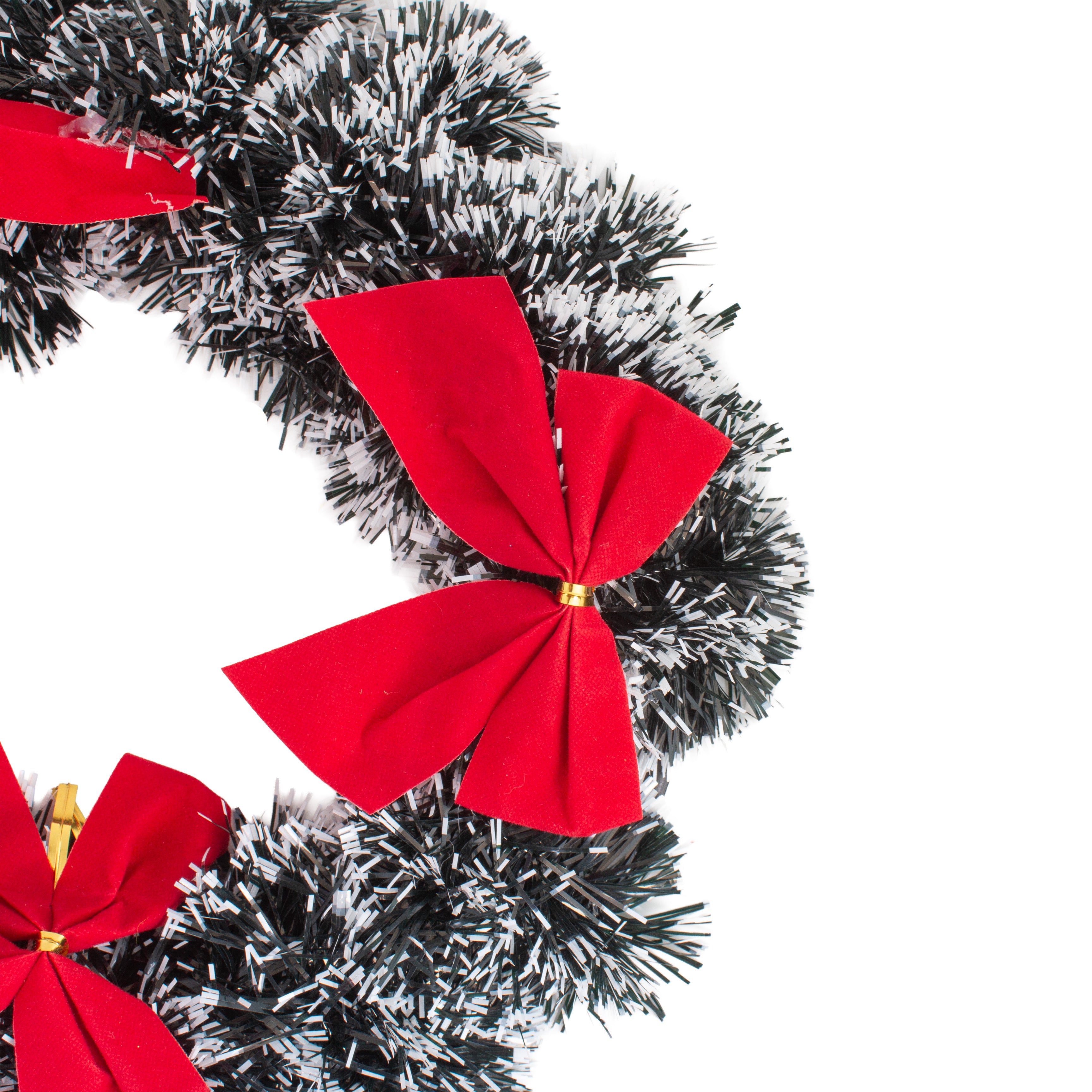 Christmas Tinsel Wreath Snowy Green with Red Bow 25cm Dia 1pc