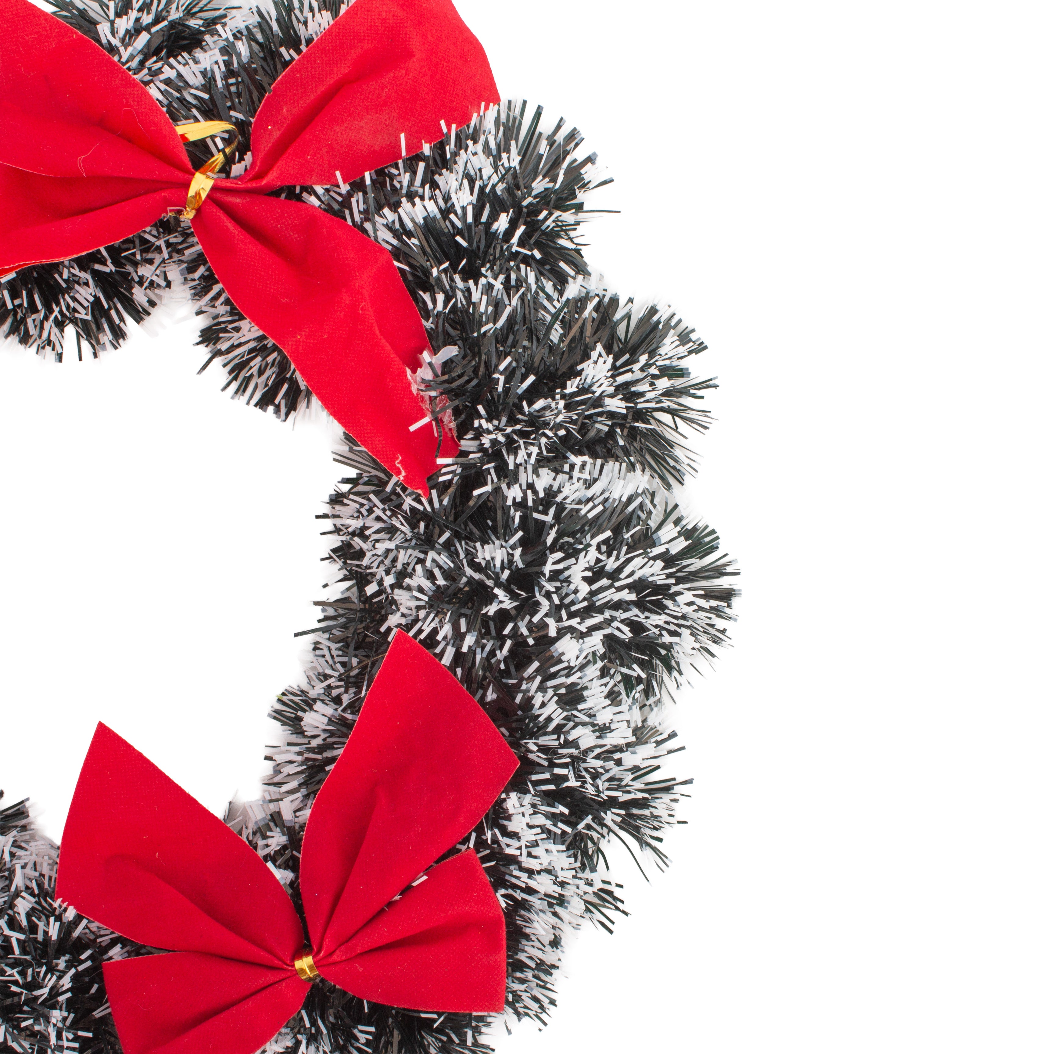 Christmas Tinsel Wreath Snowy Green with Red Bow 25cm Dia 1pc