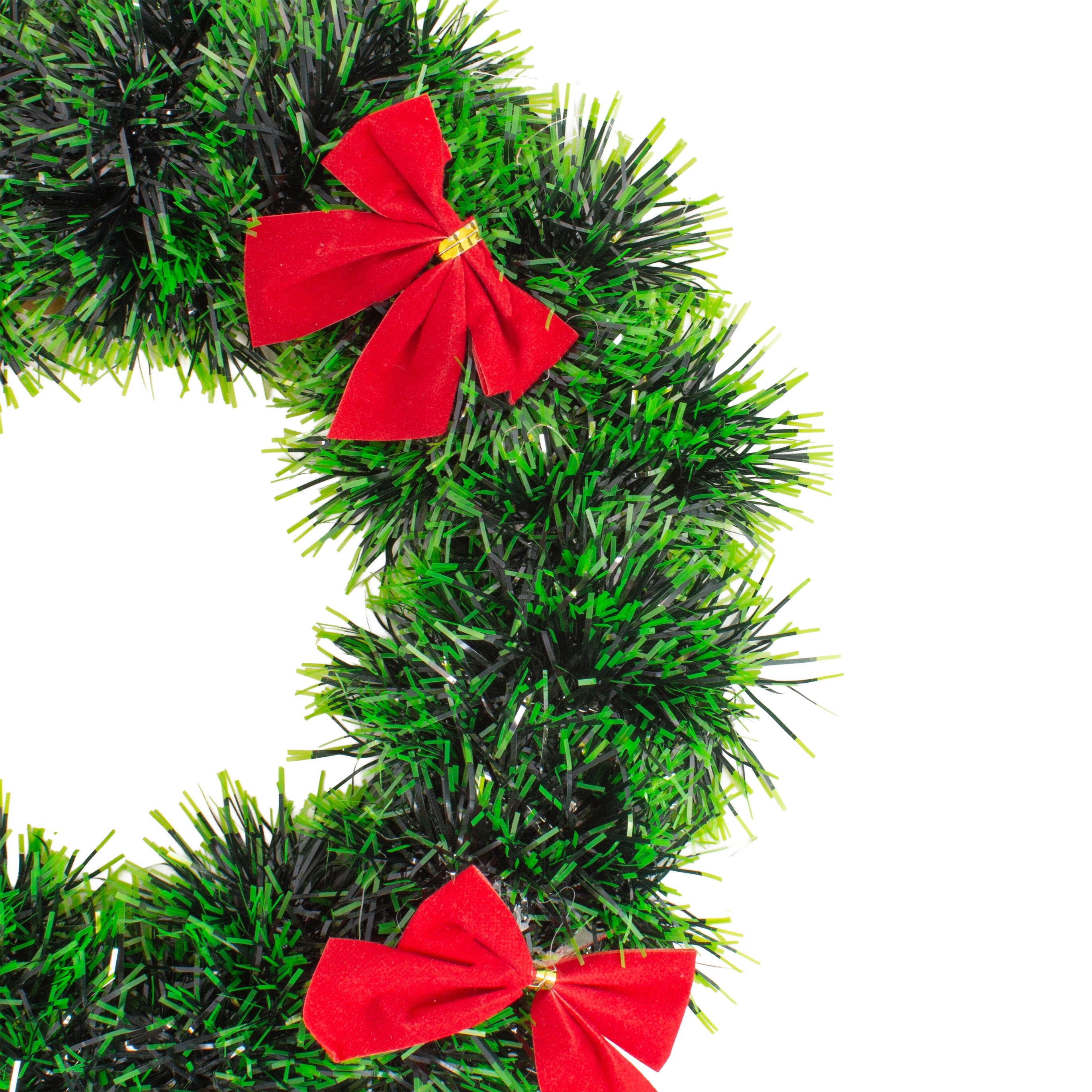 Christmas Tinsel Wreath Dark Green with Red Bow 25cm Dia 1pc