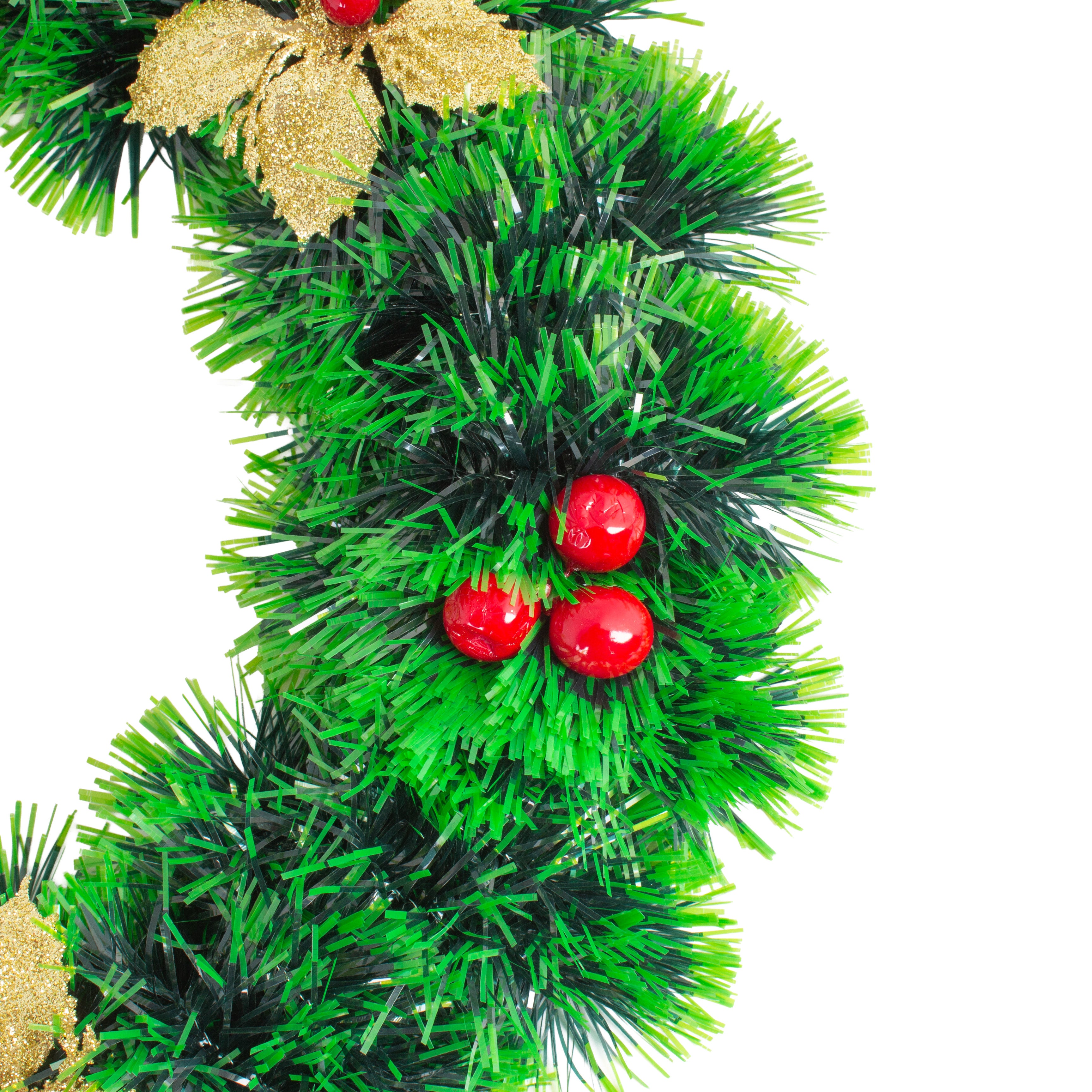 Christmas Tinsel Wreath Glitter Gold Poinsettia Floral & Berries 25cm Dia 1pc