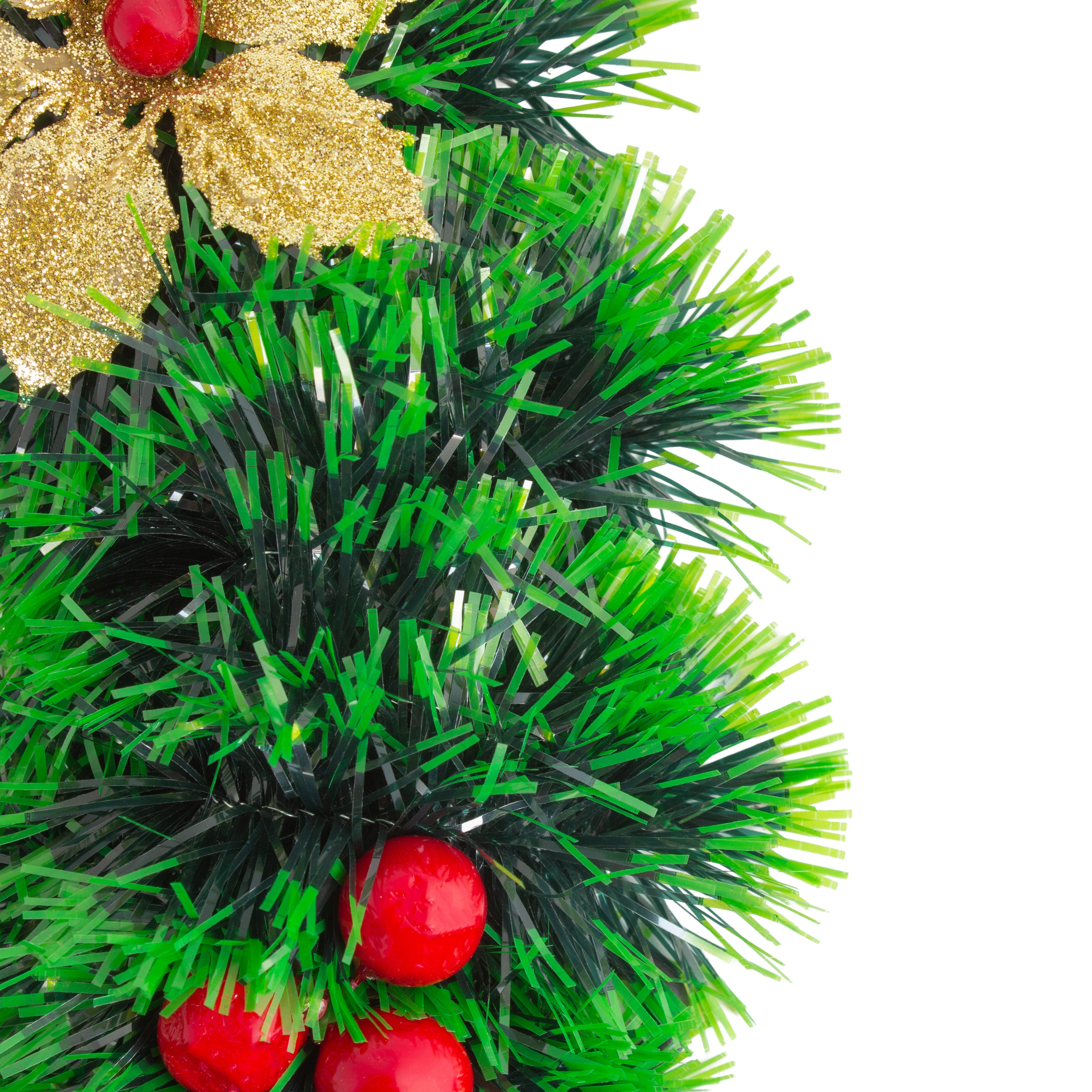 Christmas Tinsel Wreath Glitter Gold Poinsettia Floral & Berries 25cm Dia 1pc