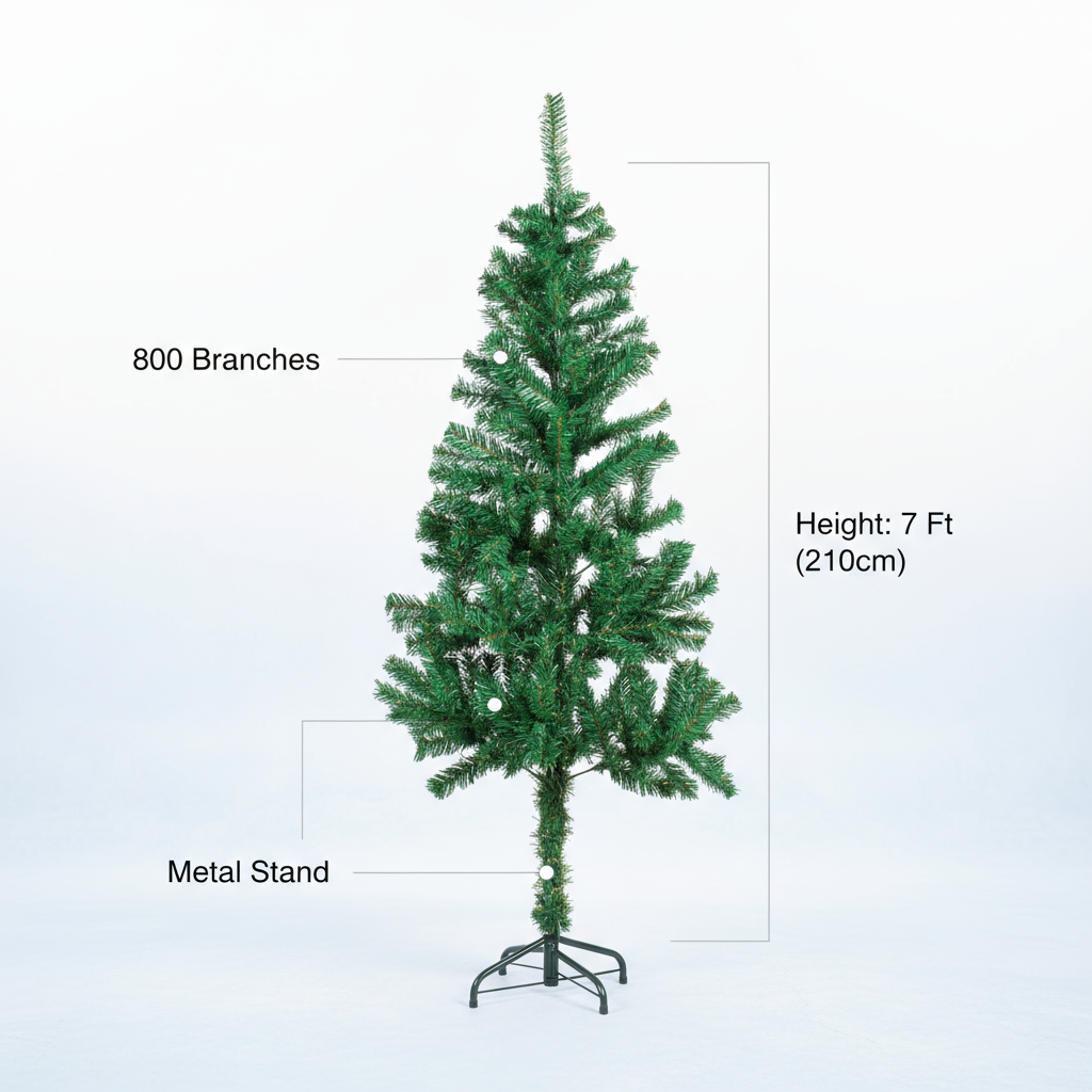 7 Feet - Christmas Festive Tree with Metal Stand 800 Branches (210cm) 1pc + (Ornaments Combo)
