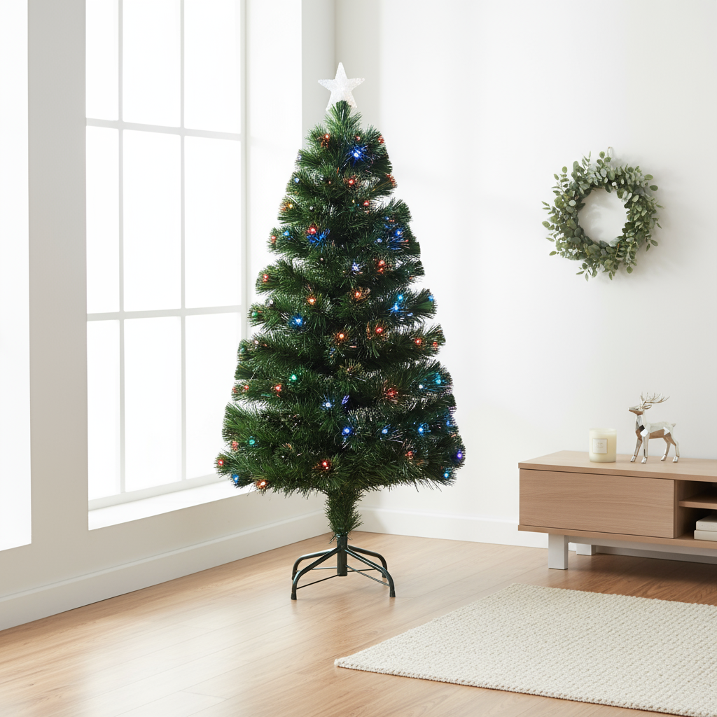 4 Feet - Christmas LED Fibre Optic Tree with Colour Changing Lights & Star 140 Branches 1pc + (Ornaments Combo)