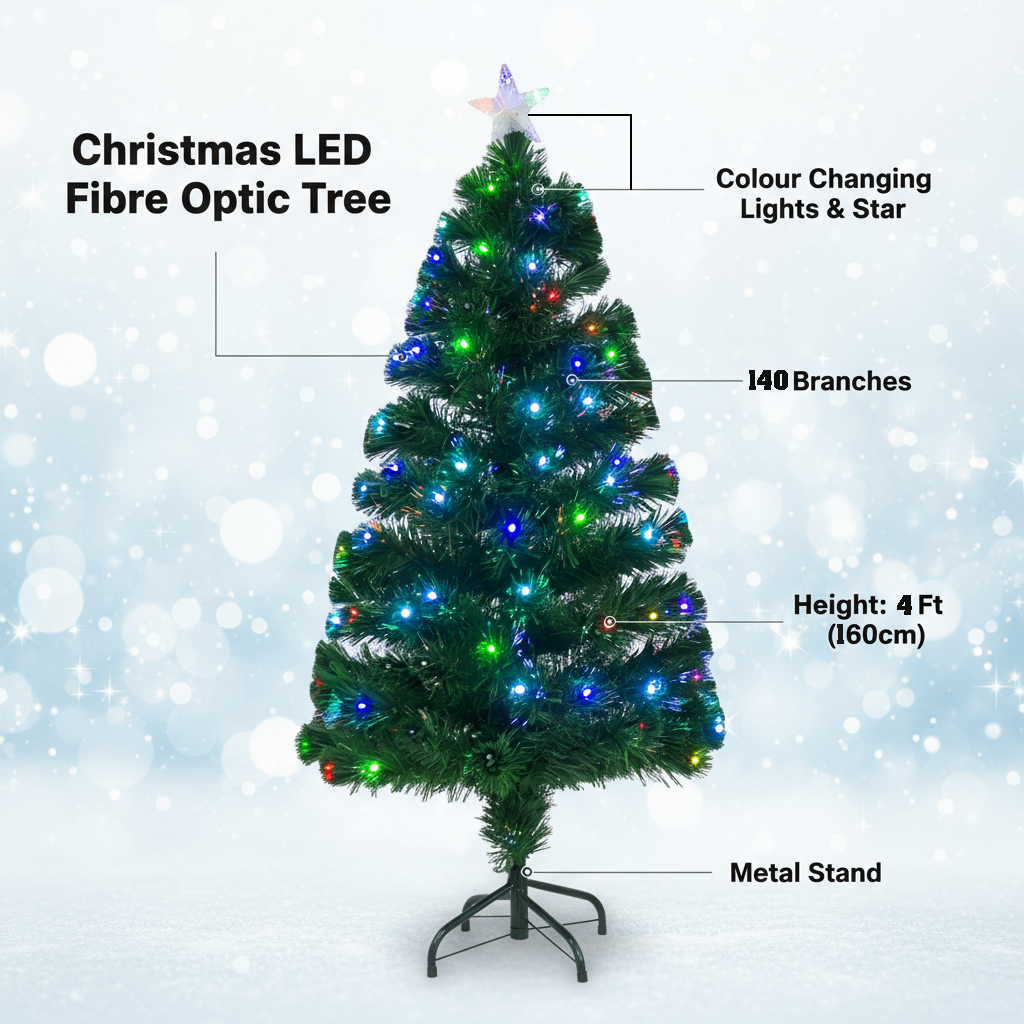 4 Feet - Christmas LED Fibre Optic Tree with Colour Changing Lights & Star 140 Branches 1pc + (Ornaments Combo)