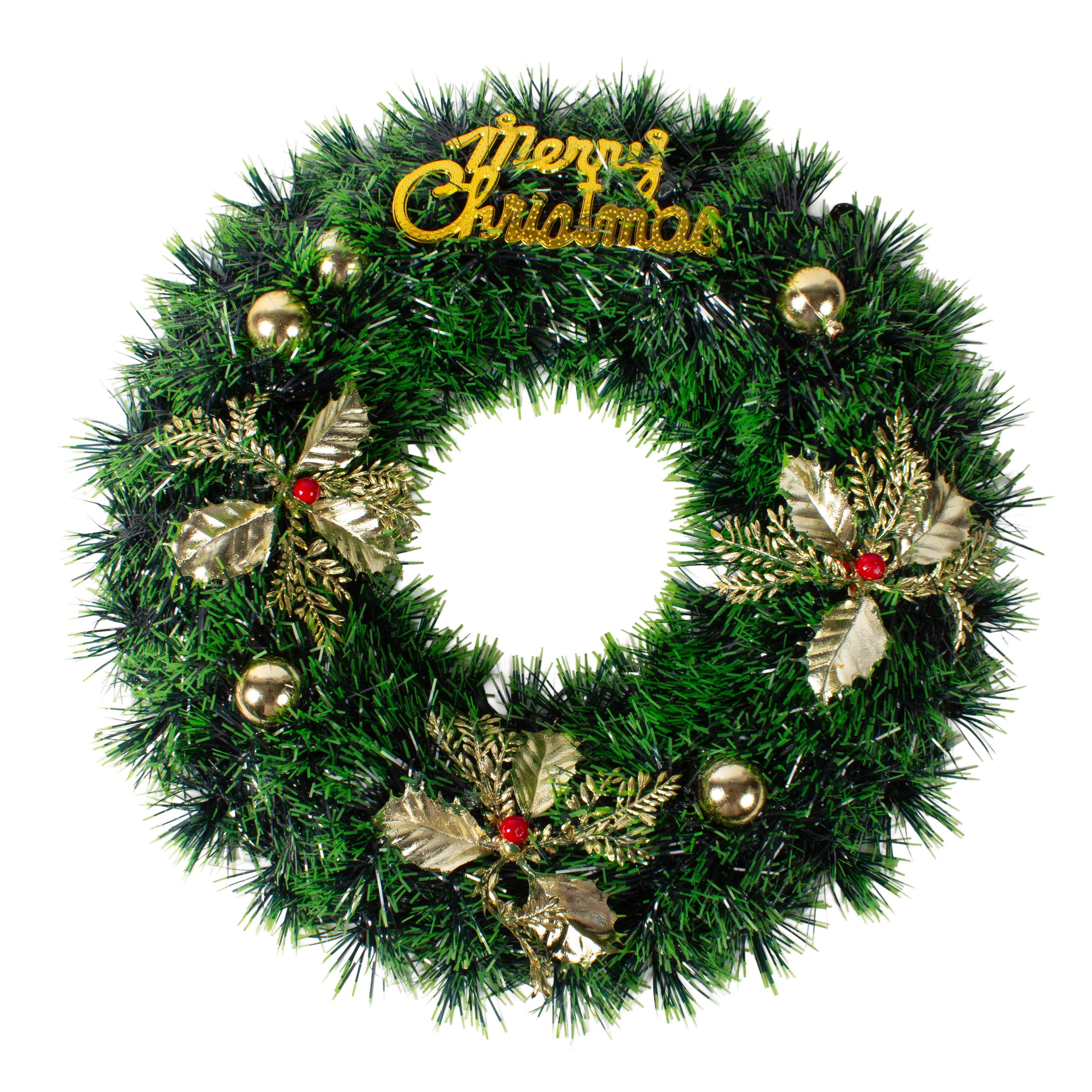 Christmas Tinsel Wreath Metallic Gold Holly Berrie with Merry Christmas 38cm Dia 1pc
