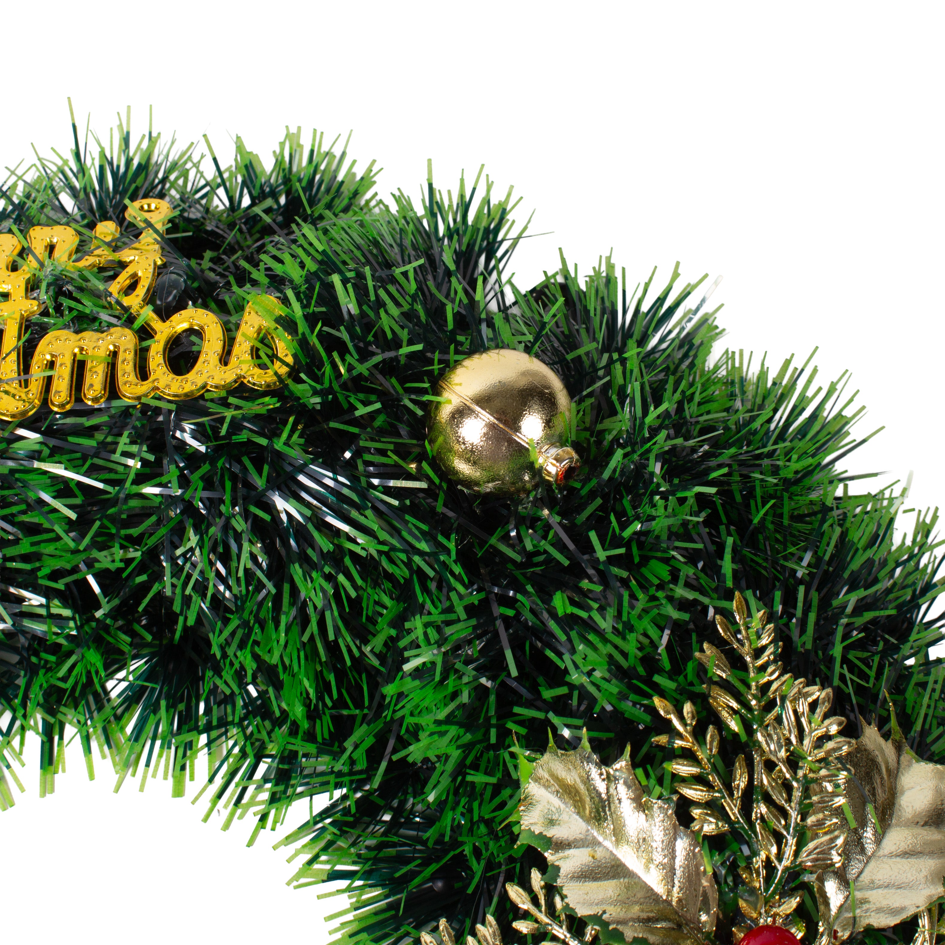 Christmas Tinsel Wreath Metallic Gold Holly Berrie with Merry Christmas 38cm Dia 1pc