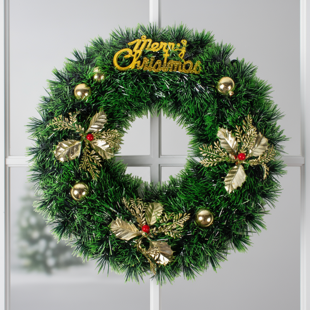 Christmas Tinsel Wreath Metallic Gold Holly Berrie with Merry Christmas 38cm Dia 1pc
