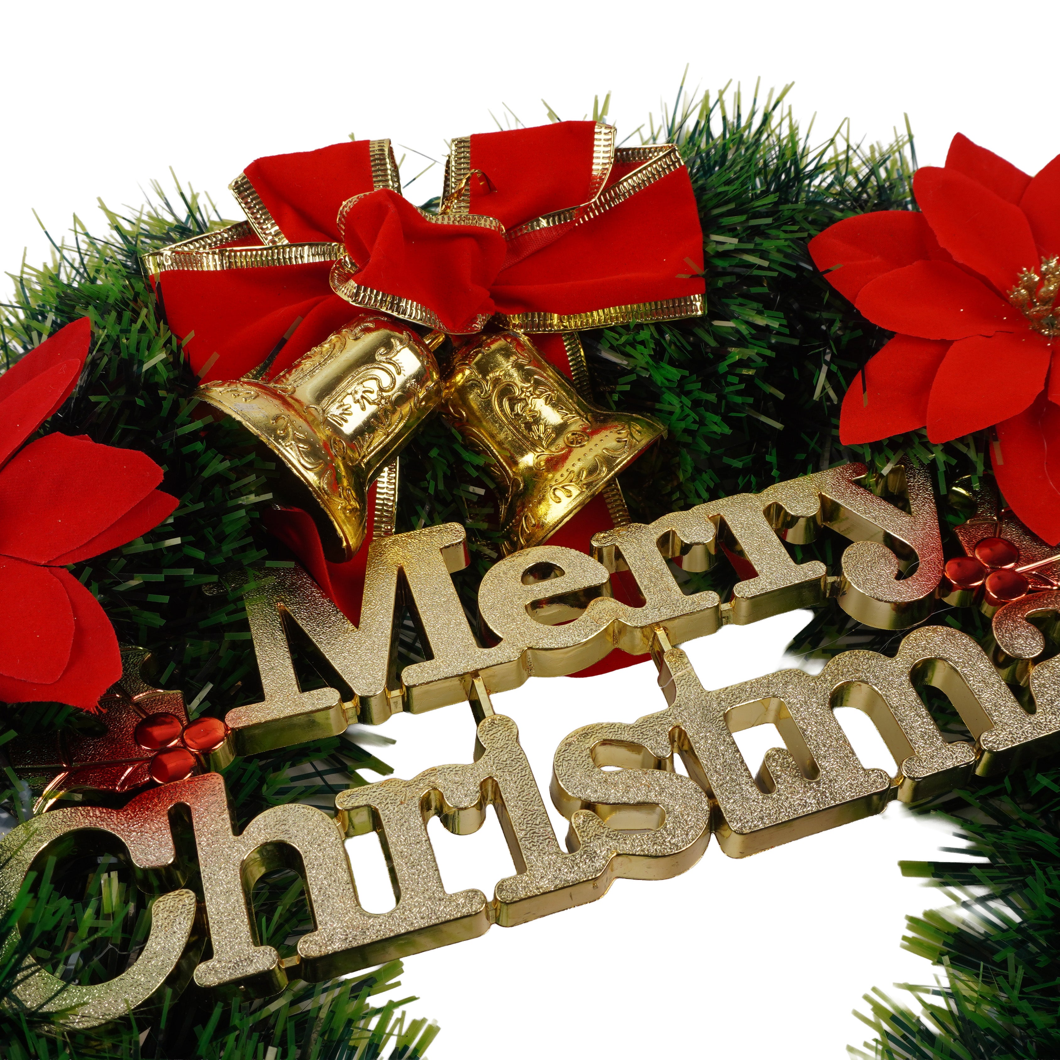 Christmas Tinsel Wreath Red Poinsettia & Bells with Merry Christmas Green 38cm Dia 1pc
