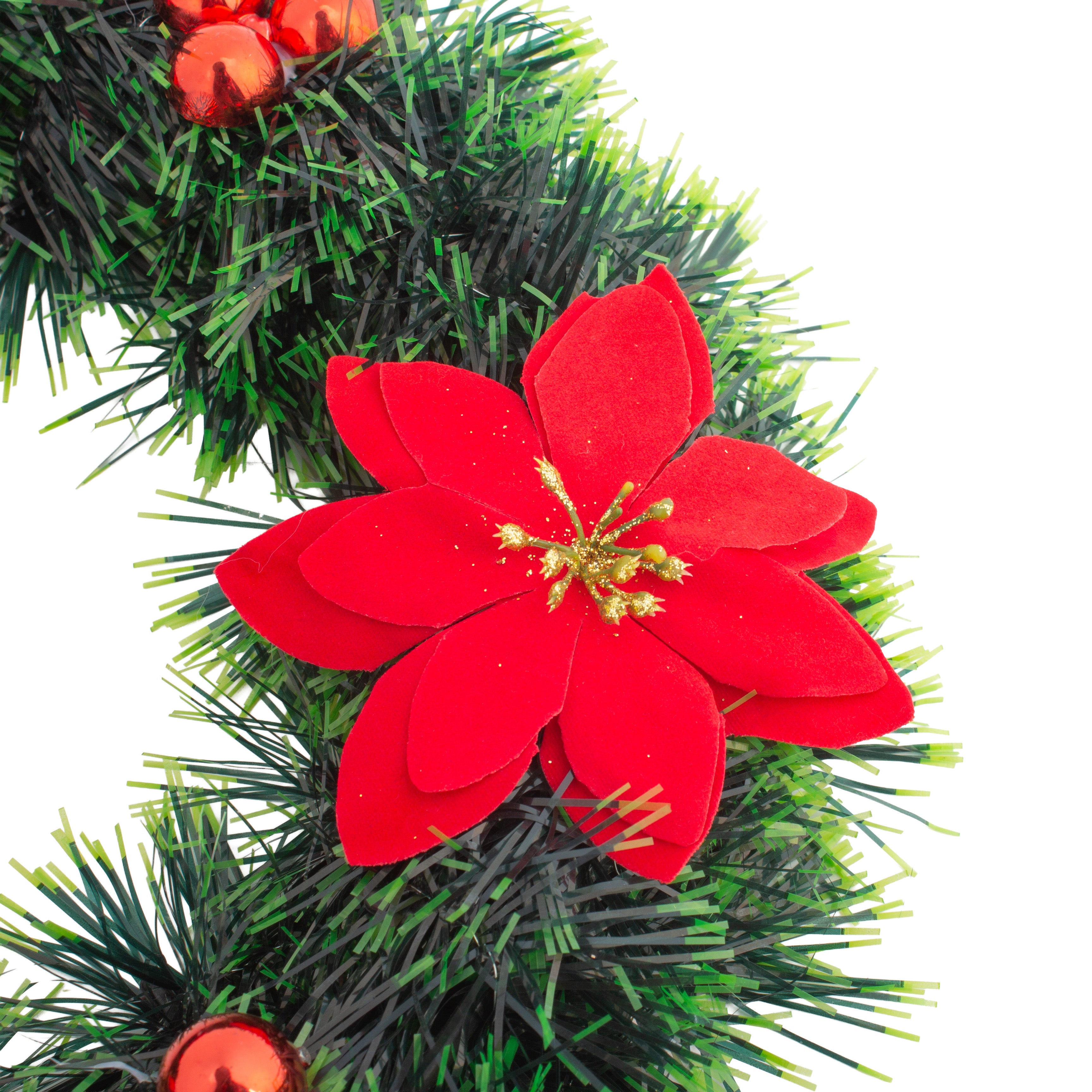 Christmas Tinsel Wreath Red Poinsettia & Bauble Green 30cm Dia 1pc