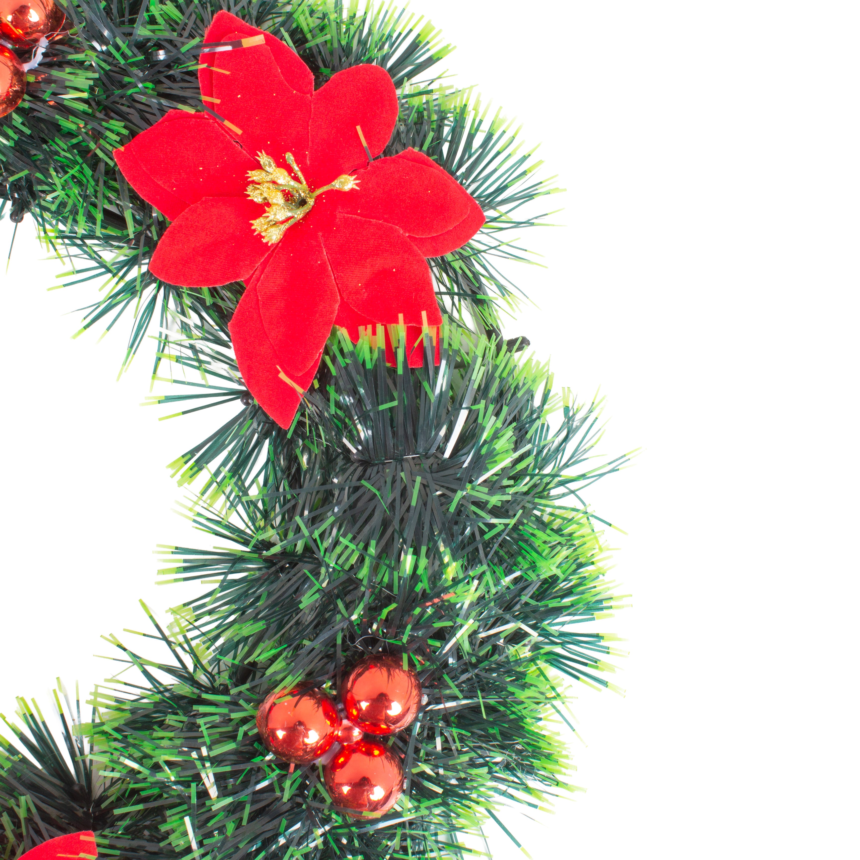 Christmas Tinsel Wreath Red Poinsettia & Bauble Green 30cm Dia 1pc