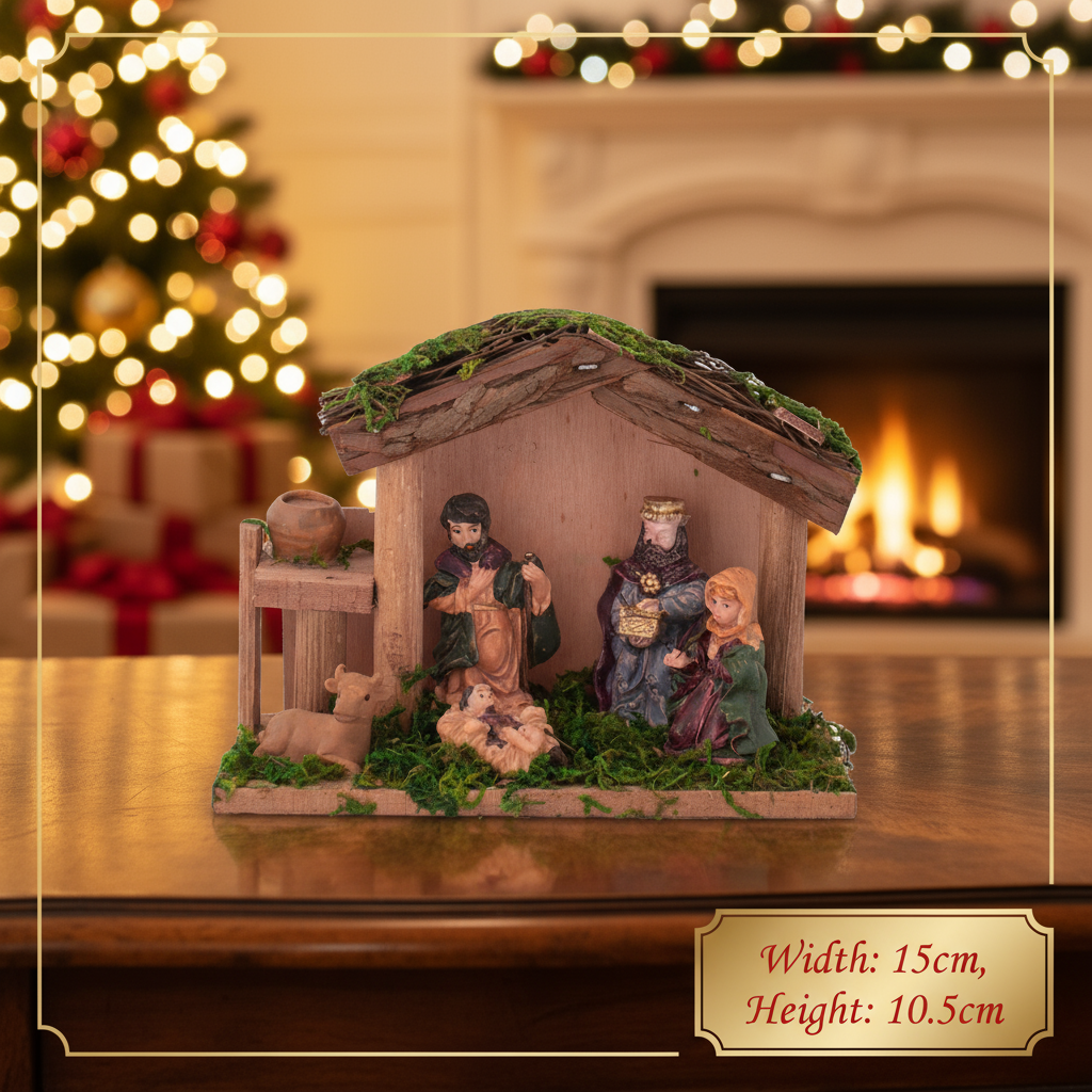 Christmas Wooden Crib Nativity scene with figurines Cow 15 X 10.5cm 5 pc1 Box