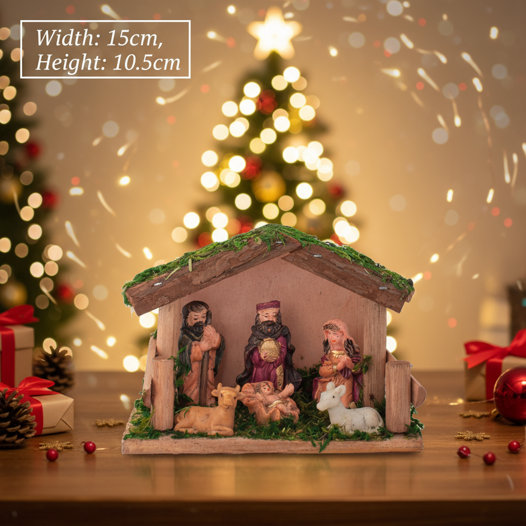 Christmas Wooden Crib Nativity scene with figurines Cow with Deer 15 X 10.5cm 5 pc1 Box