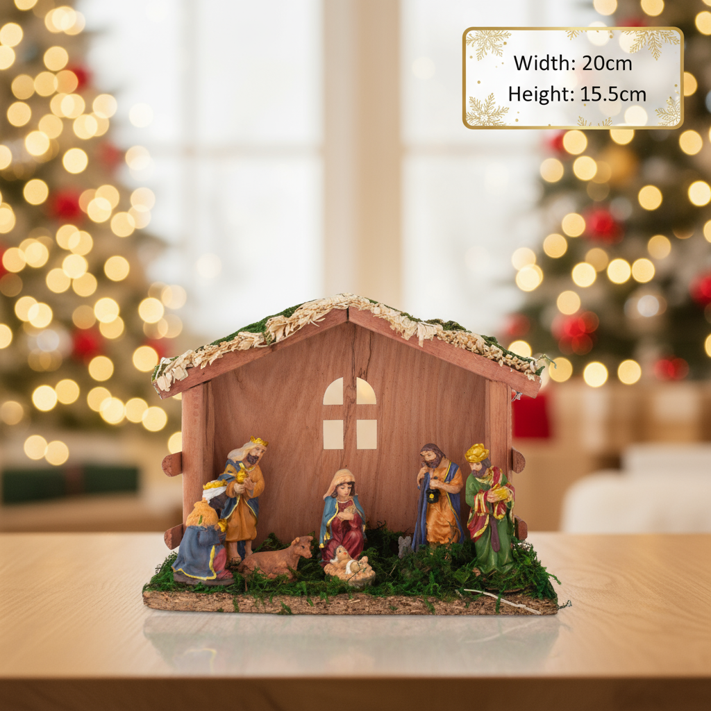 Christmas Wooden Crib Nativity scene with figurines Cow with Hores 20 X 15.5cm 8pcs1 Box