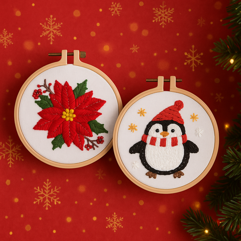 Christmas Embroidery Decor Kit Penguin & Poinsettia Makes-2 1Box