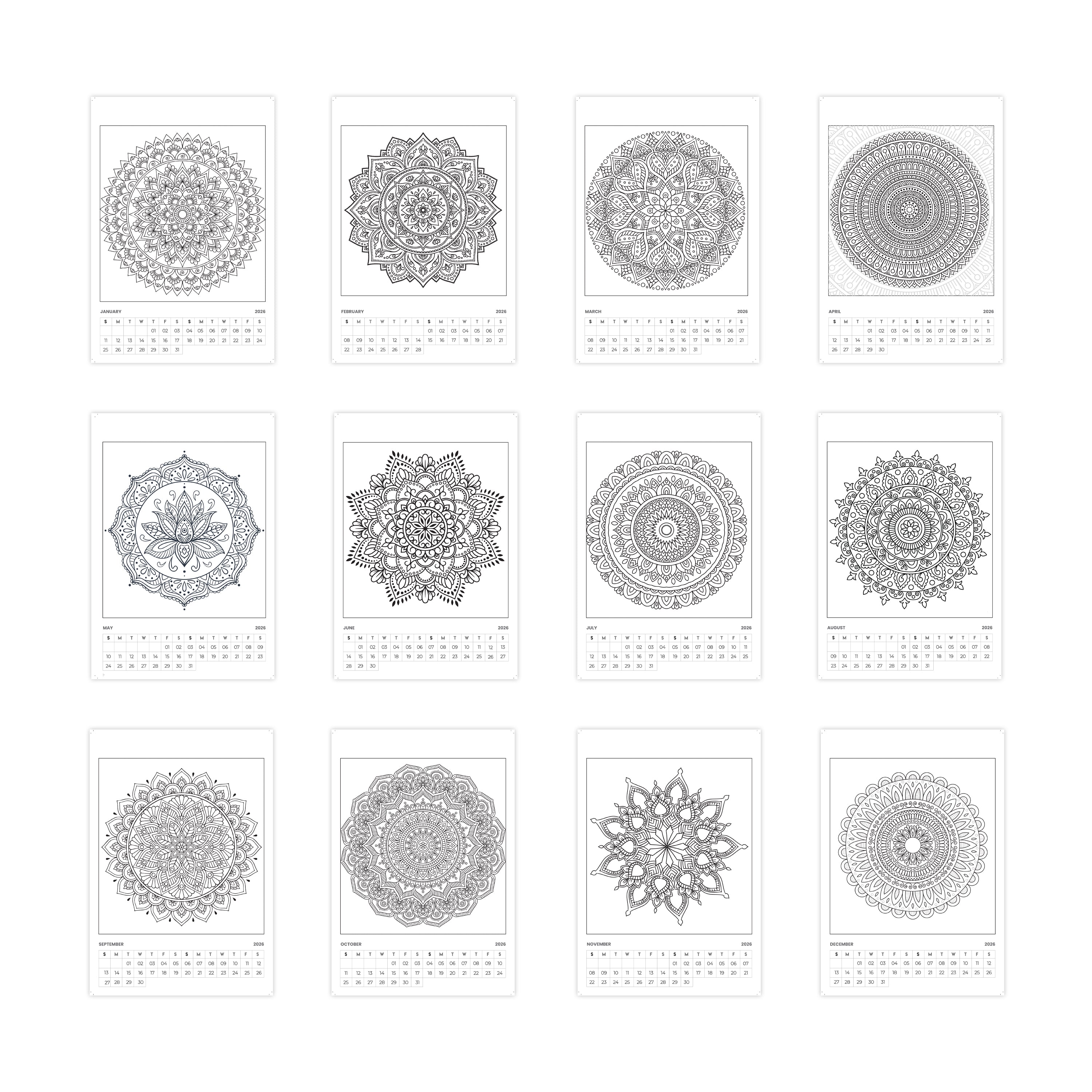 Colouring Desk Calendar 2026 Mandala Moments 6.7 X 10inch 12 Sheets 1pc