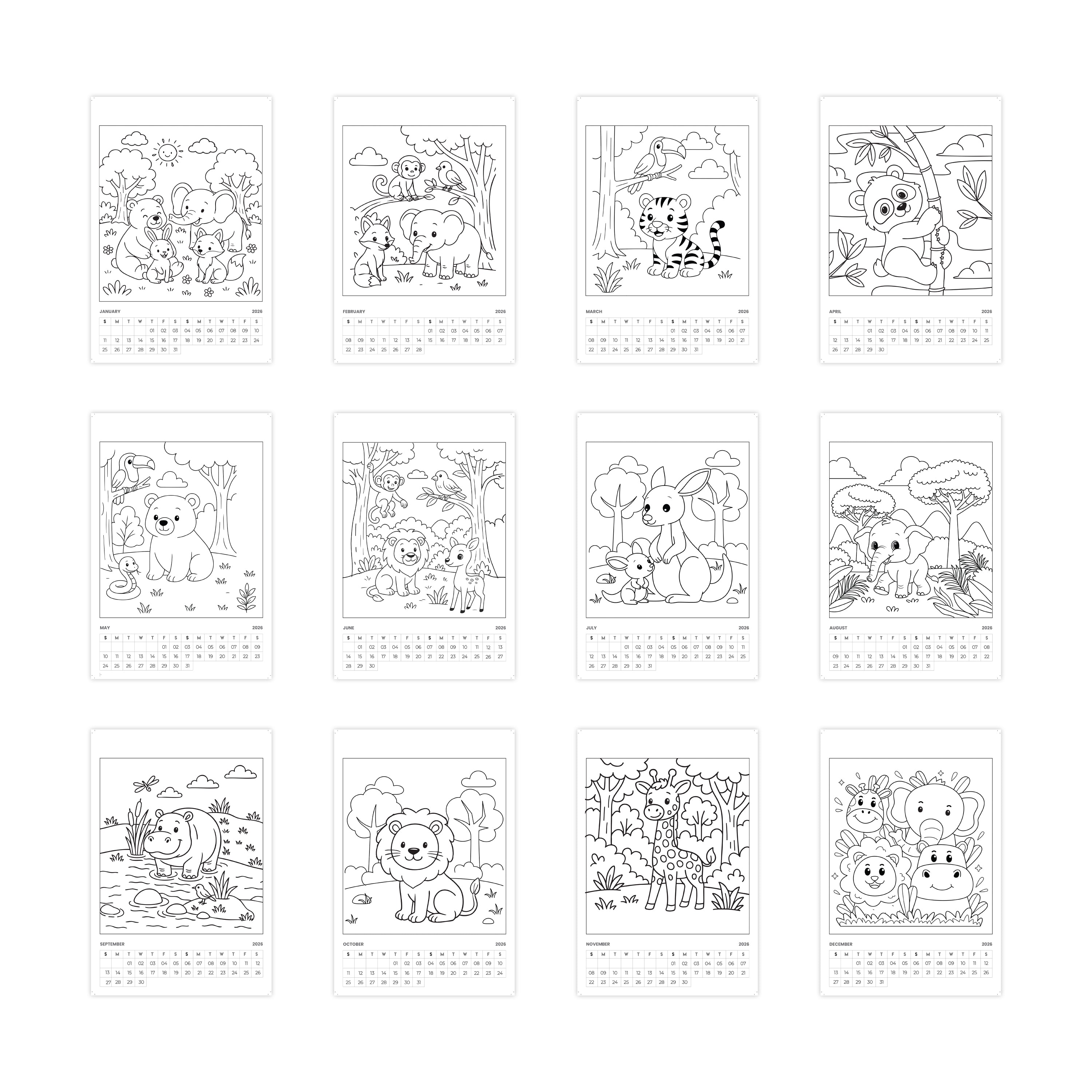 Fun Colouring Calendar For Kids 2026 6.7 X 10inch 12 Sheets 1pc