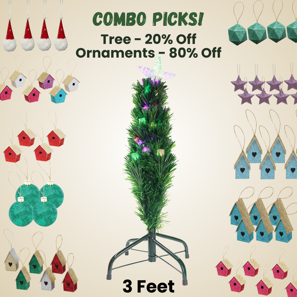 3 Feet - Christmas Tree with LED Star Lights 1pc + (Ornaments Combo)