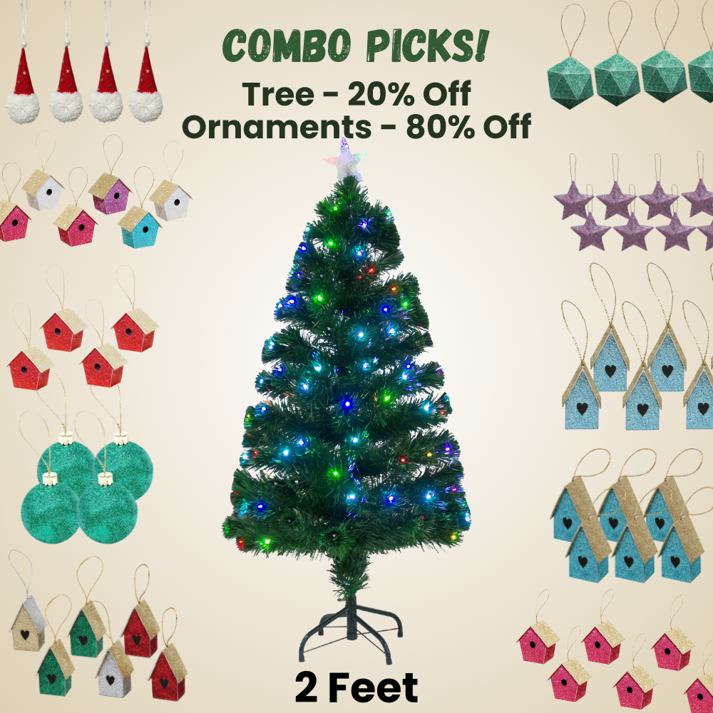 2 Feet - Christmas LED Fibre Optic Tree with Colour Changing Lights & Star 55 Branches (60cm) 1pc + (Ornaments Combo)