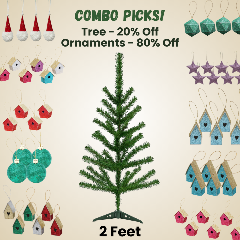 2 Feet - Christmas Tree With Plastic Stand 1pc + (Ornaments Combo)