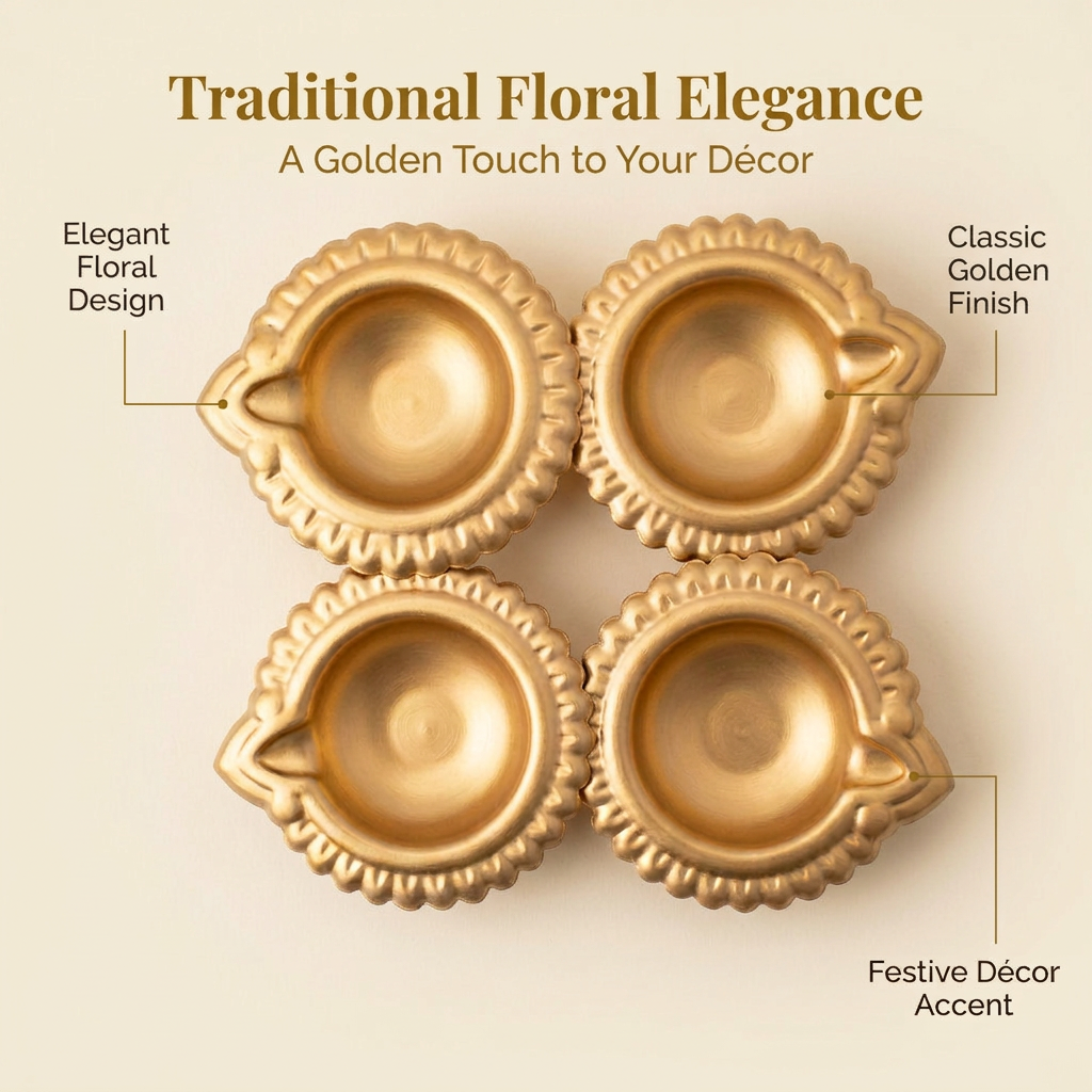 Metal Diya Traditional Floral Gold 7 X 6 X 2.25cm Pack of 4