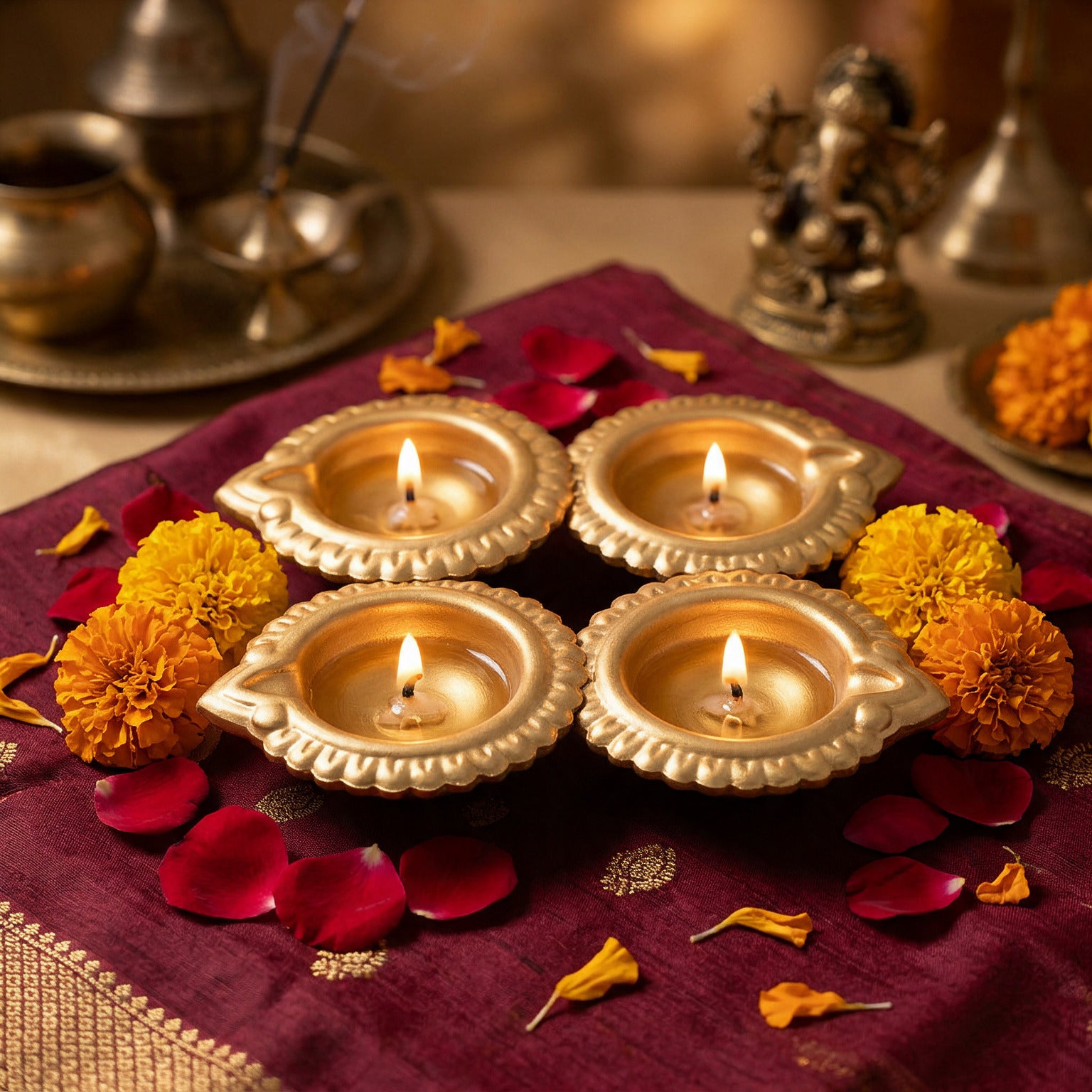 Metal Diya Traditional Floral Gold 7 X 6 X 2.25cm Pack of 4