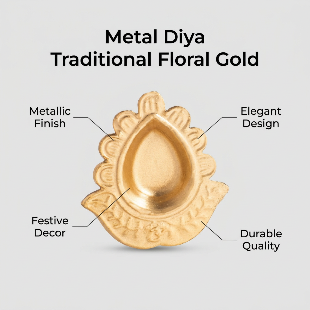 Decorative Floral Metal Diya with Base Gold 7 X 7 X 2.5cm