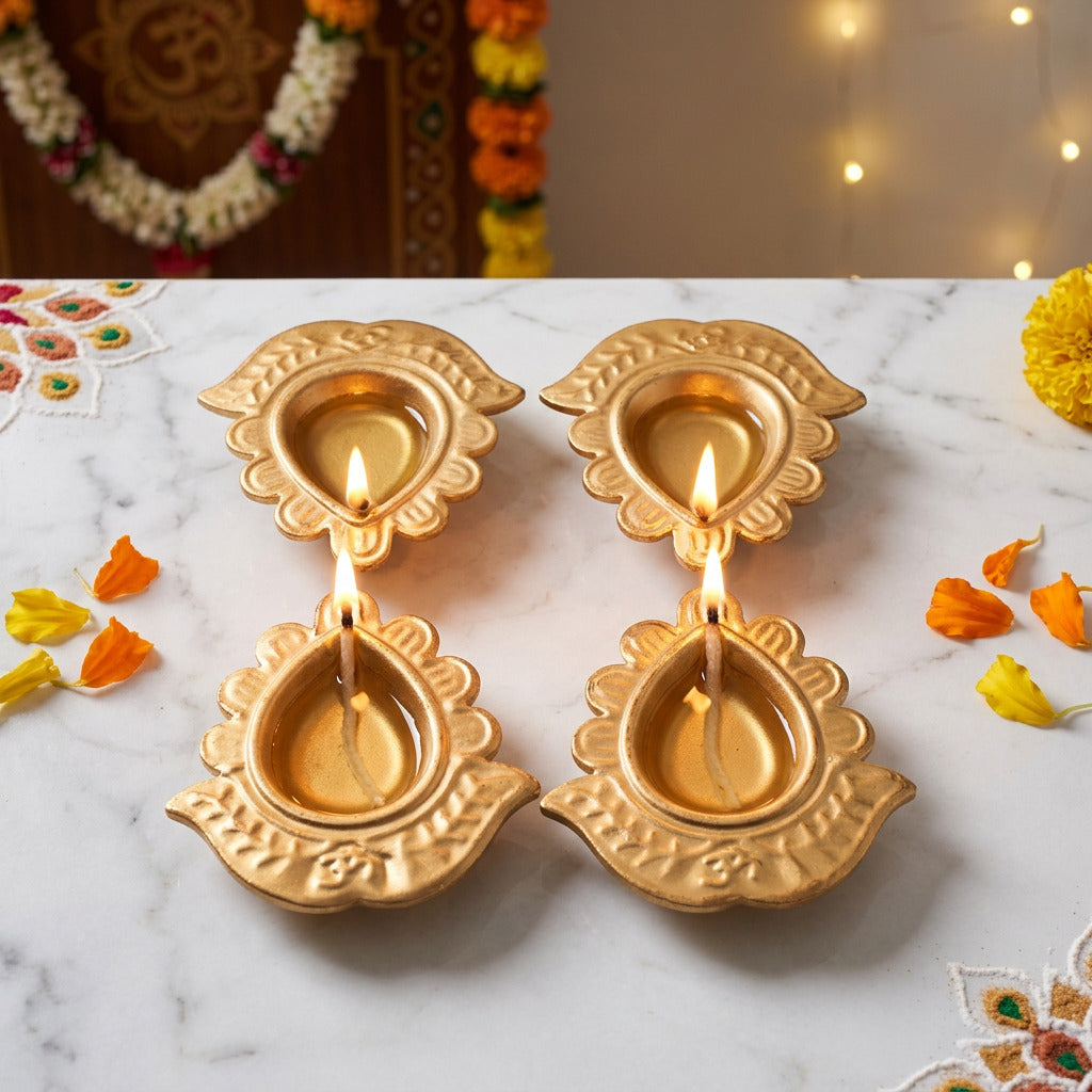 Decorative Floral Metal Diya with Base Gold 7 X 7 X 2.5cm