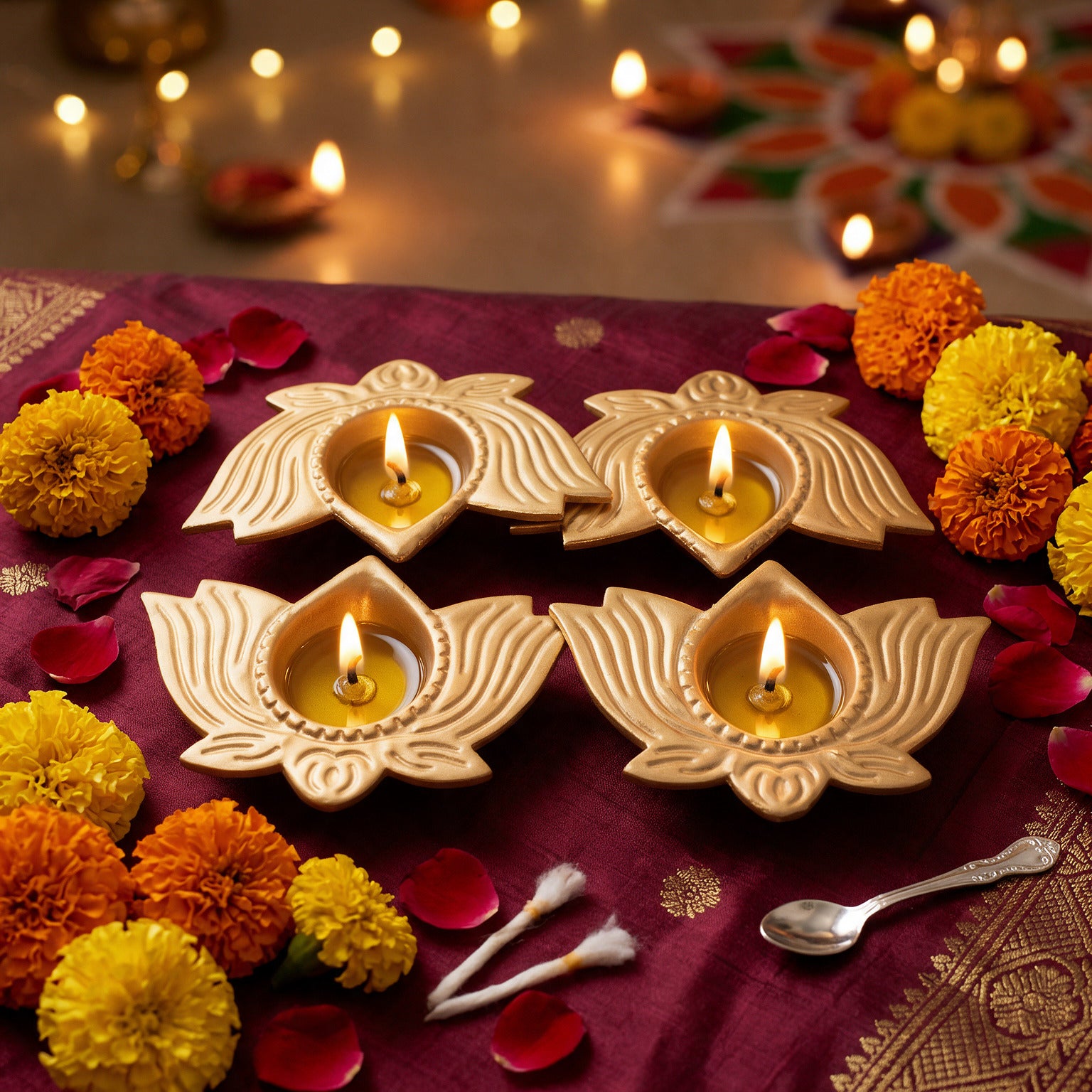 Metal Diya with Base Floral Radiance Gold 9 X 6.5 X 2cm Pack of 4