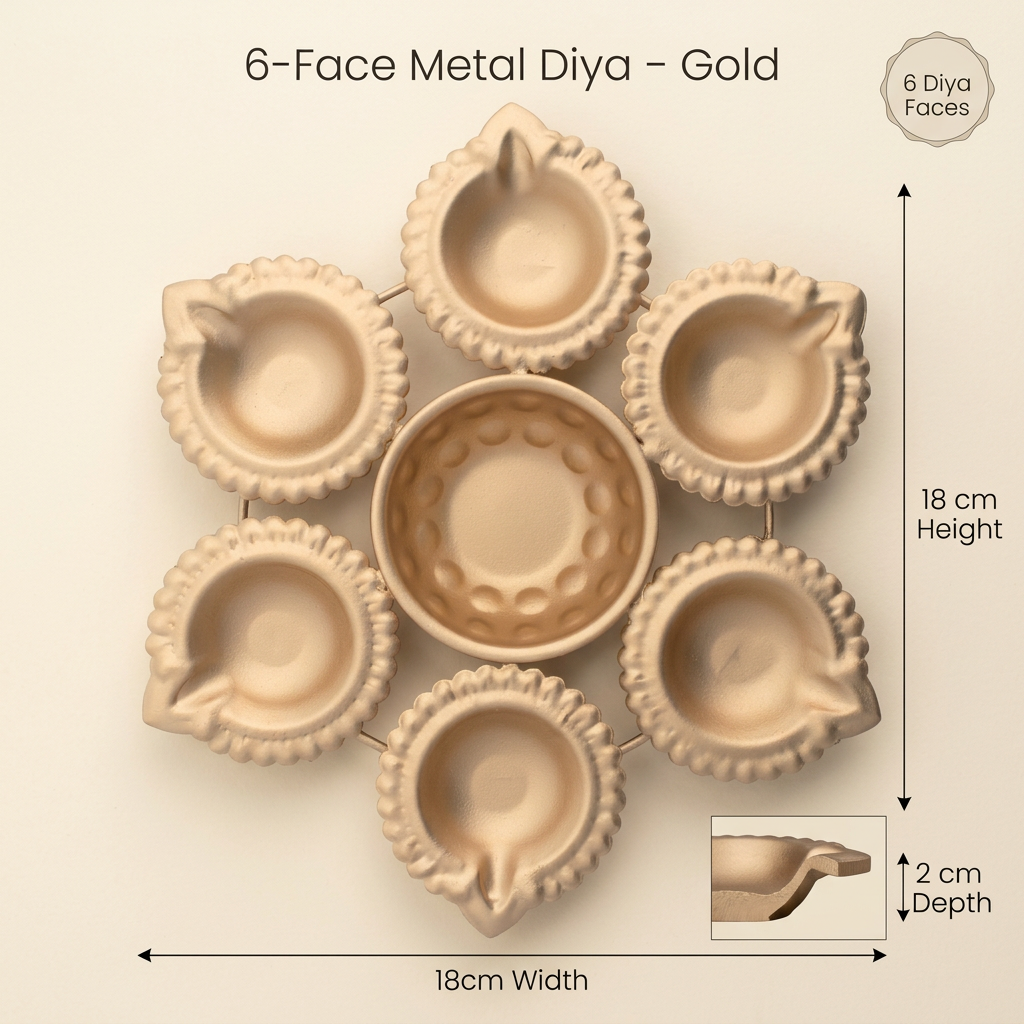 6 Face Metal Diya Gold 18 X 18 X 2cm 1pc