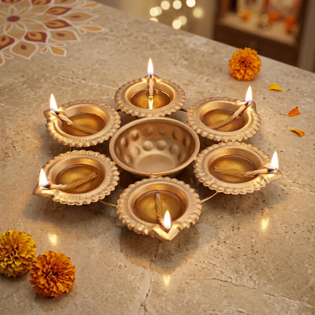 6 Face Metal Diya Gold 18 X 18 X 2cm 1pc