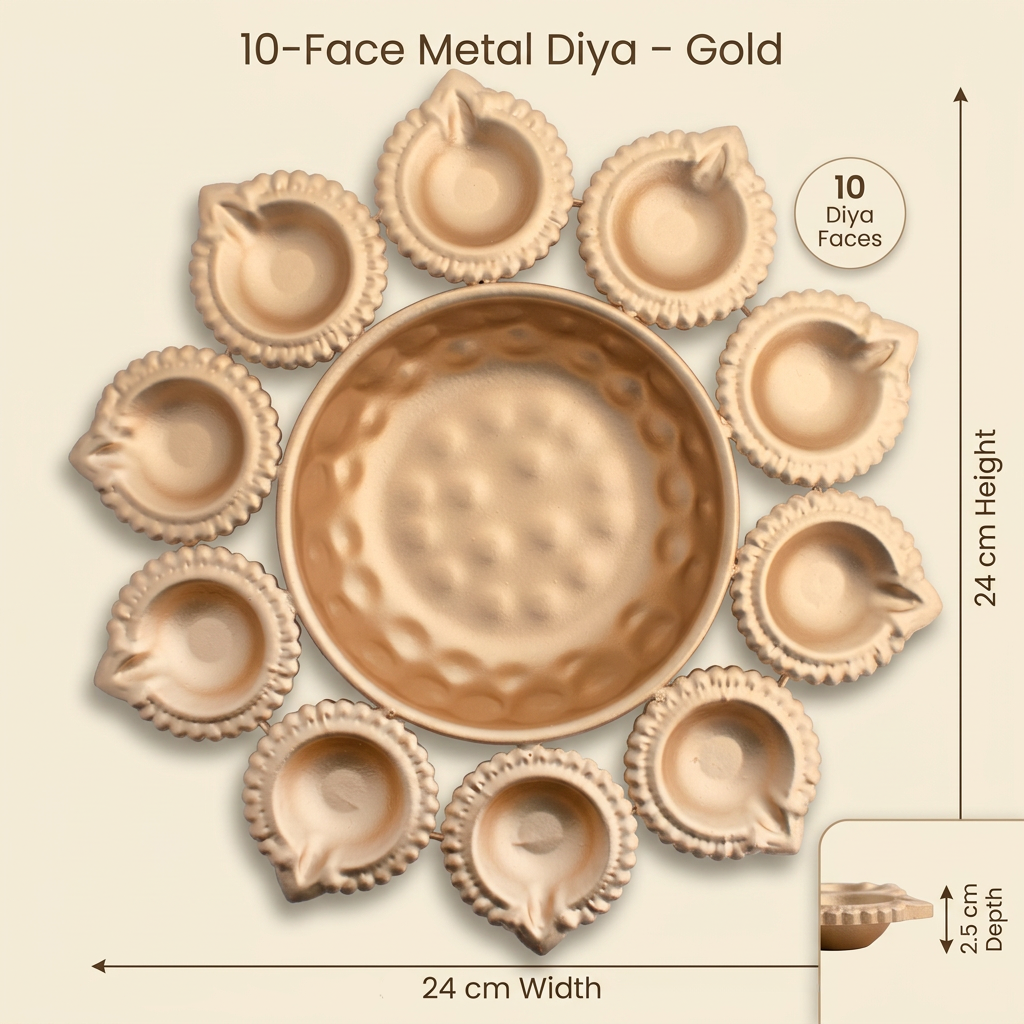 10 Face Metal Diya Gold 24 X 24 X 2.5cm 1pc