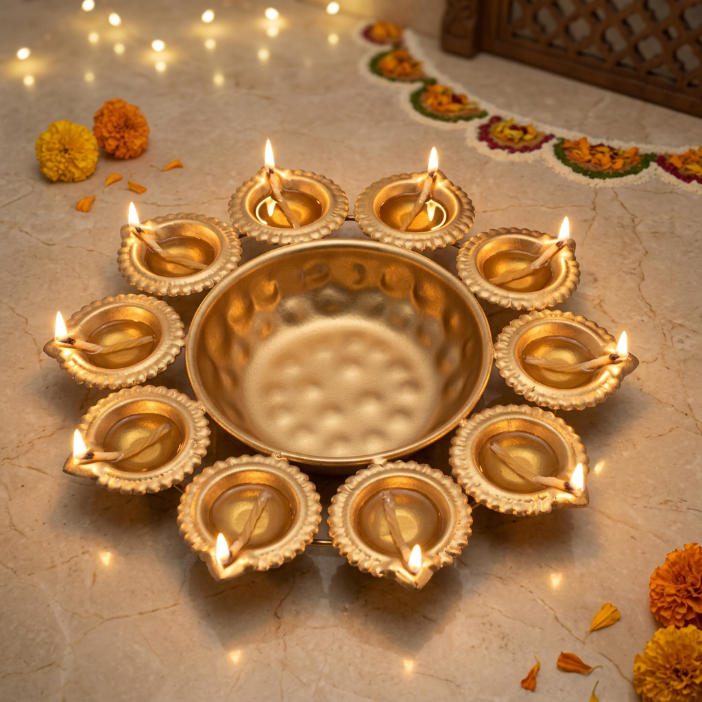 10 Face Metal Diya Gold 24 X 24 X 2.5cm 1pc